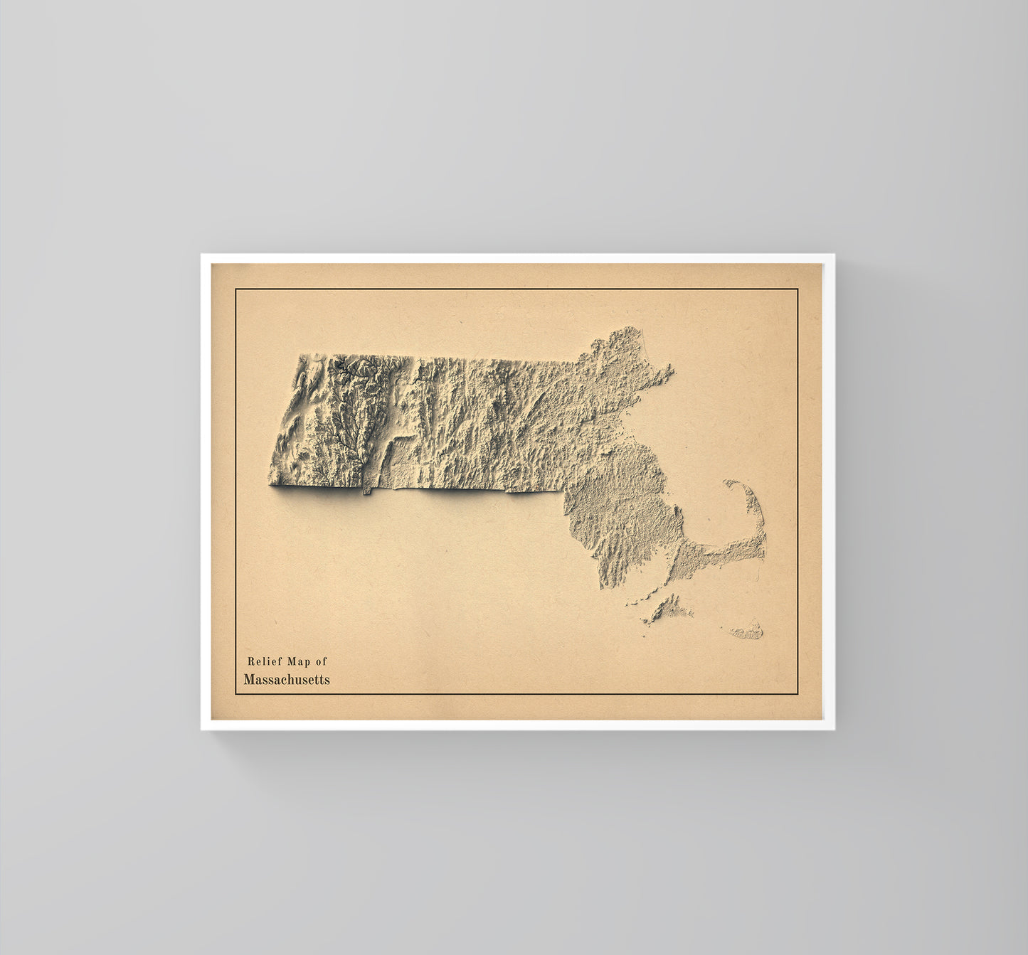 Massachusetts (USA) vintage framed shaded relief map in white frame. Artistic print highlighting mountains with a realistic 3d effect