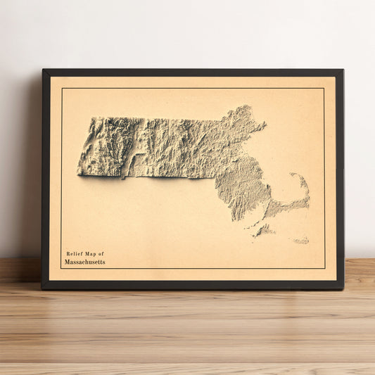 Massachusetts (USA) vintage framed shaded relief map in black frame. Artistic print highlighting mountains with a realistic terrain effect