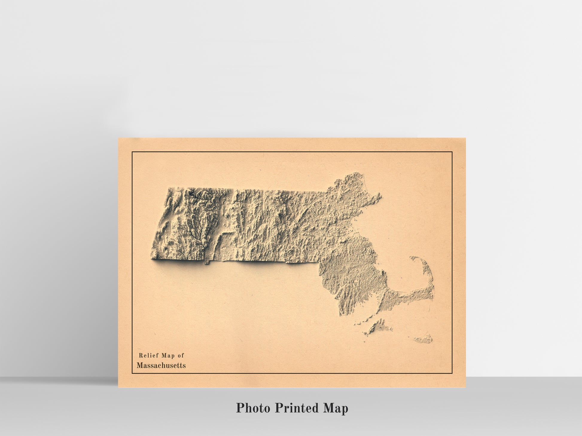 Massachusetts (USA) Shaded relief map print, highlighting topography. Ideal for home decor and geography lovers