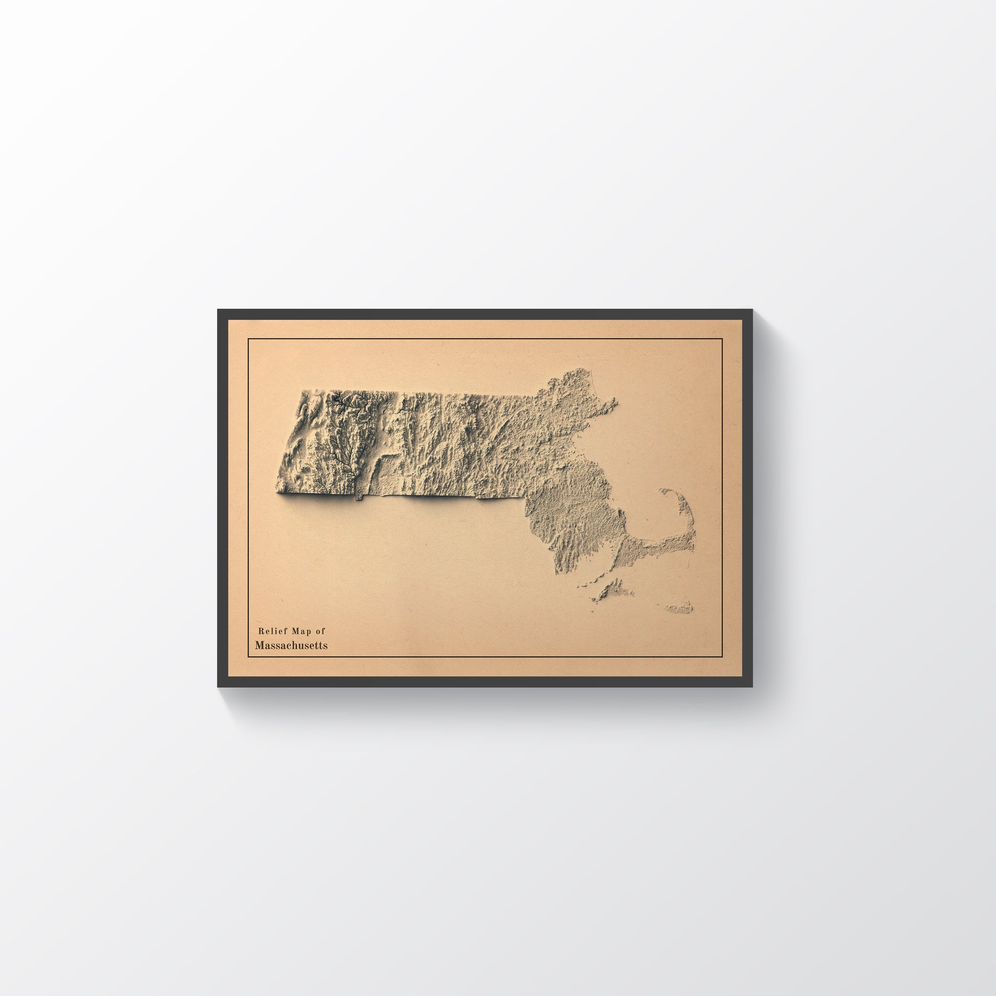 Massachusetts (USA) vintage framed shaded relief map in black frame. Artistic print highlighting mountains with a realistic terrain effect
