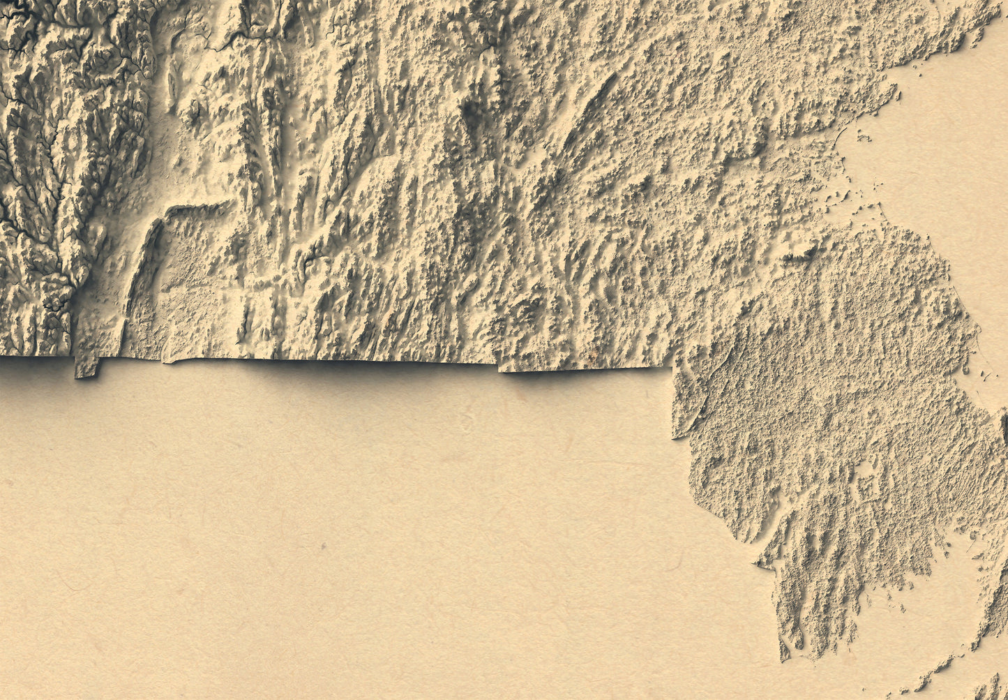 Detailed close-up of a Massachusetts (USA) relief map, showcasing textured topography and geographic contours