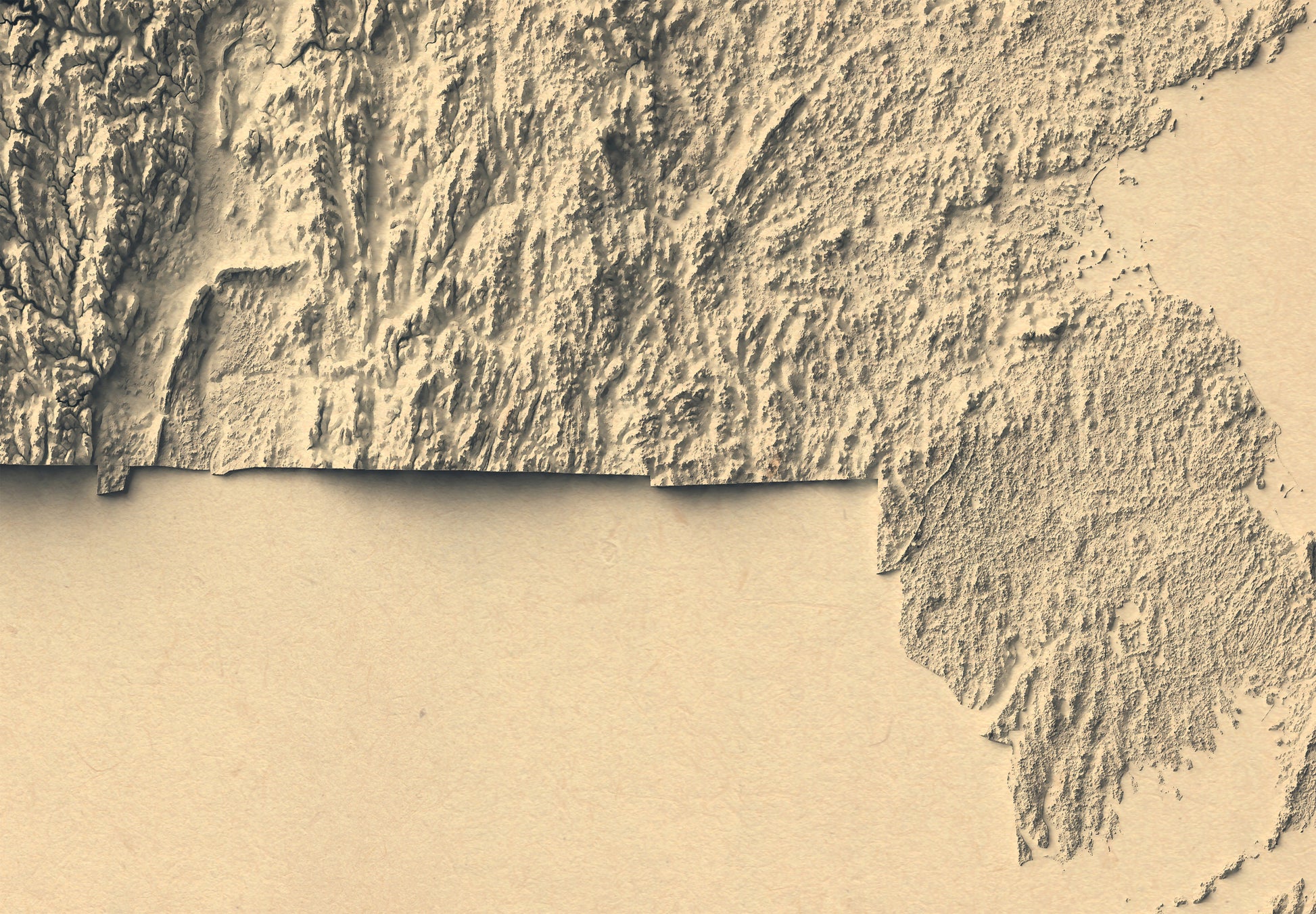 Detailed close-up of a Massachusetts (USA) relief map, showcasing textured topography and geographic contours