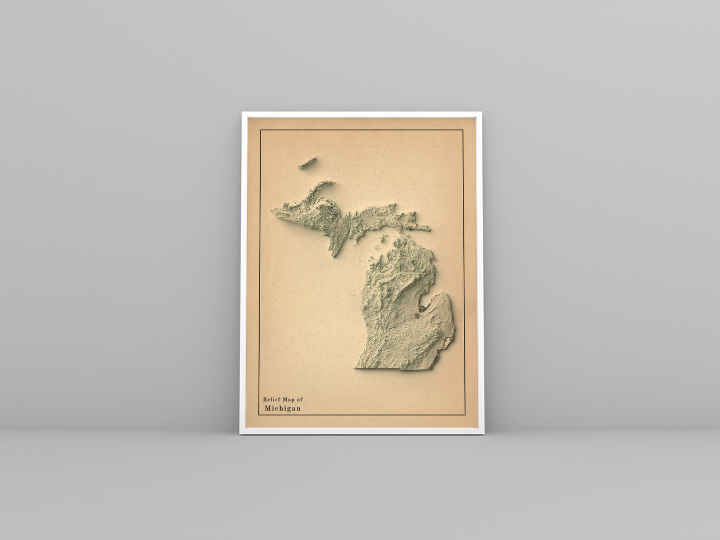 Michigan (USA) vintage framed shaded relief map in white frame. Artistic print highlighting mountains with a realistic 3d effect