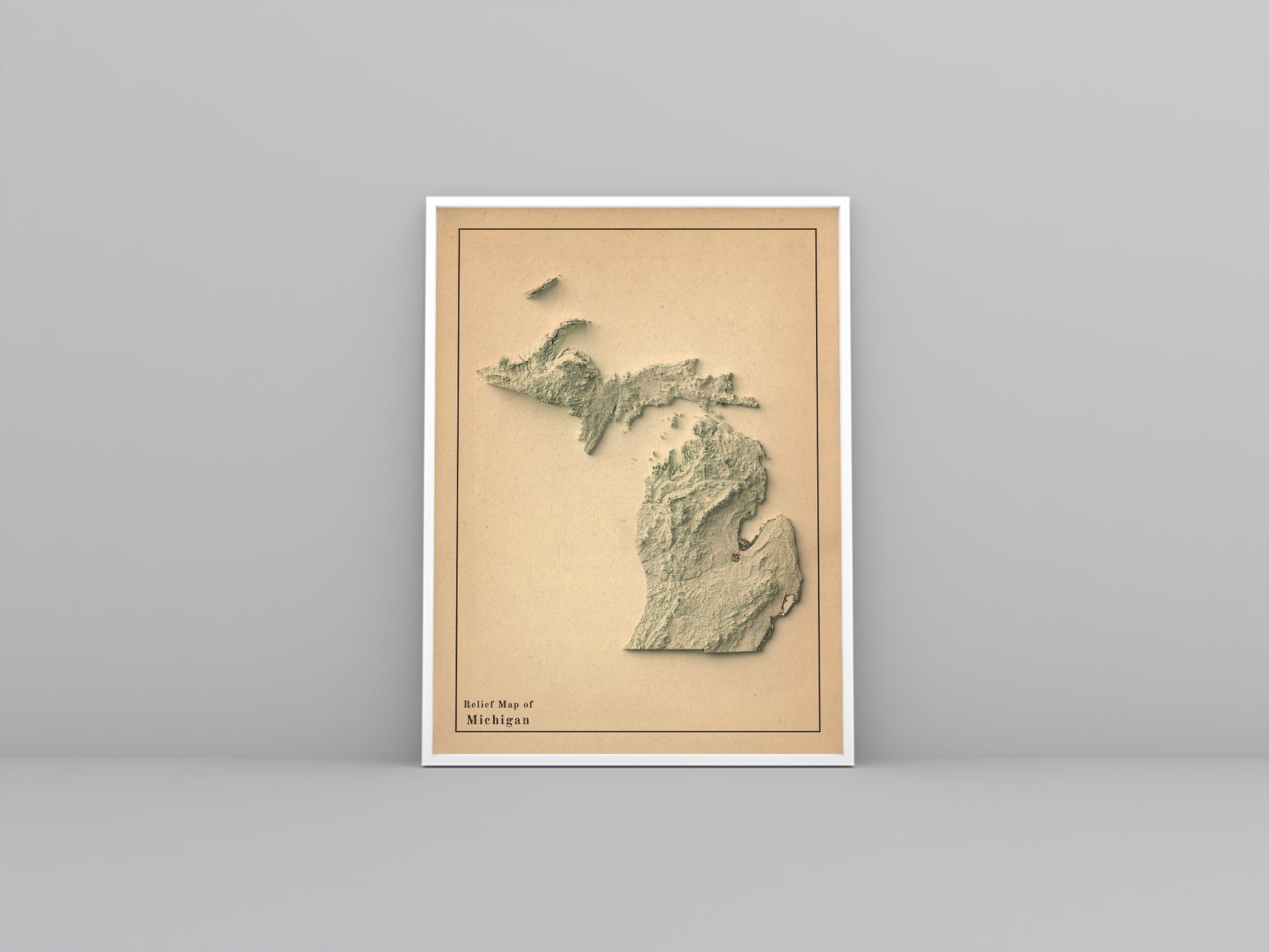 Michigan (USA) vintage framed shaded relief map in white frame. Artistic print highlighting mountains with a realistic 3d effect