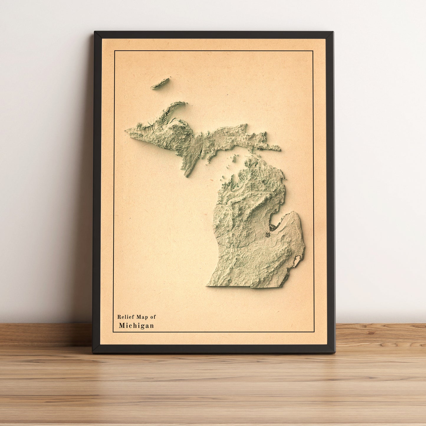 Michigan (USA) vintage framed shaded relief map in black frame. Artistic print highlighting mountains with a realistic terrain effect
