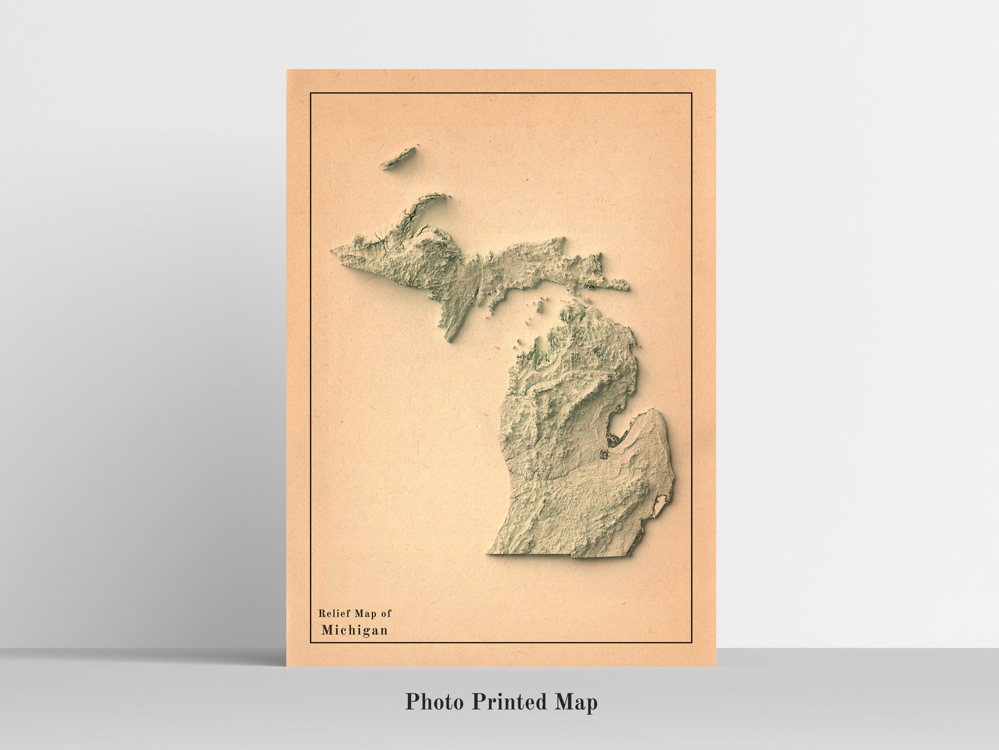 Michigan (USA) Shaded relief map print, highlighting topography. Ideal for home decor and geography lovers