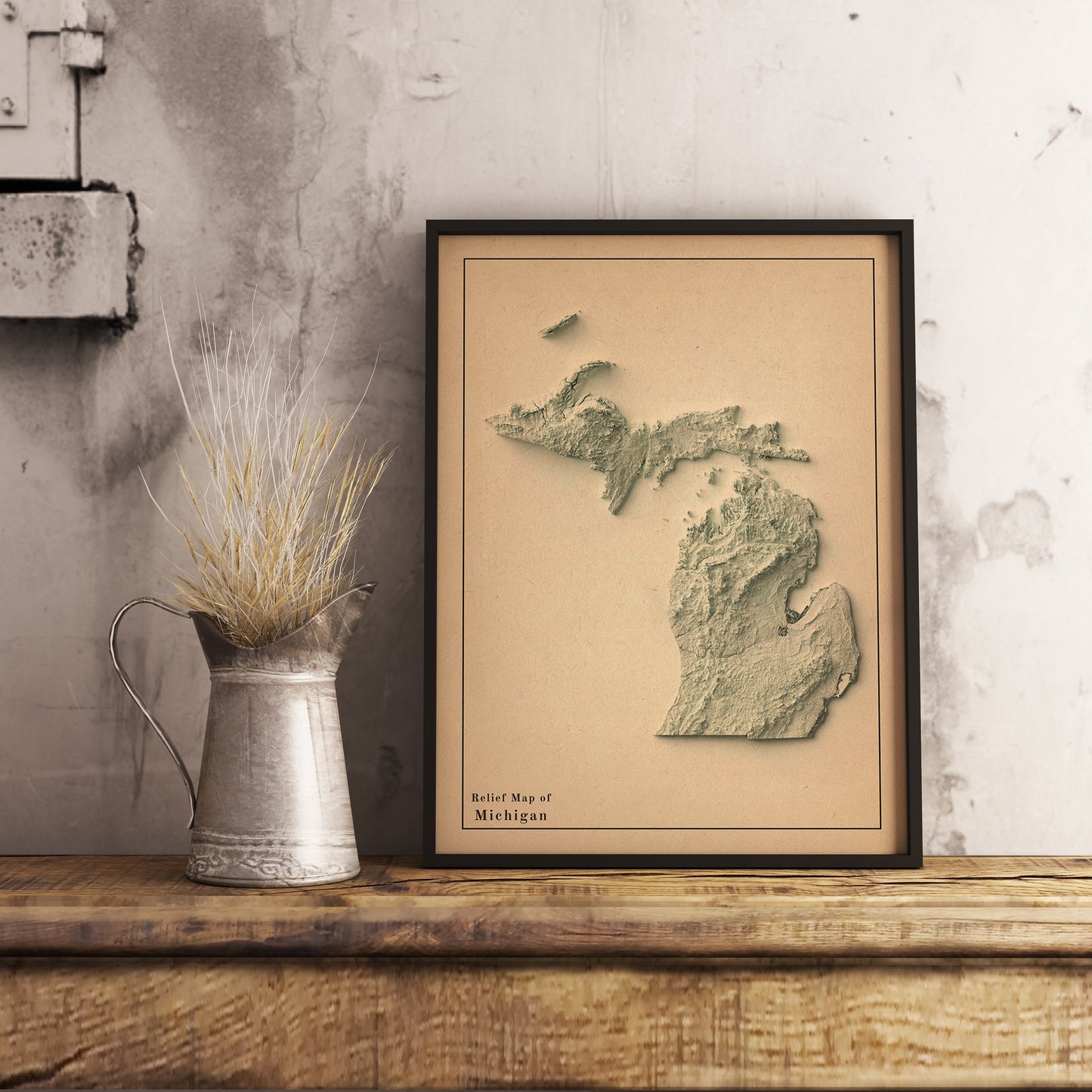 Vintage Michigan (USA) shaded relief map in black frame. Realistic terrain art print for home decor, displayed on rustic wooden table
