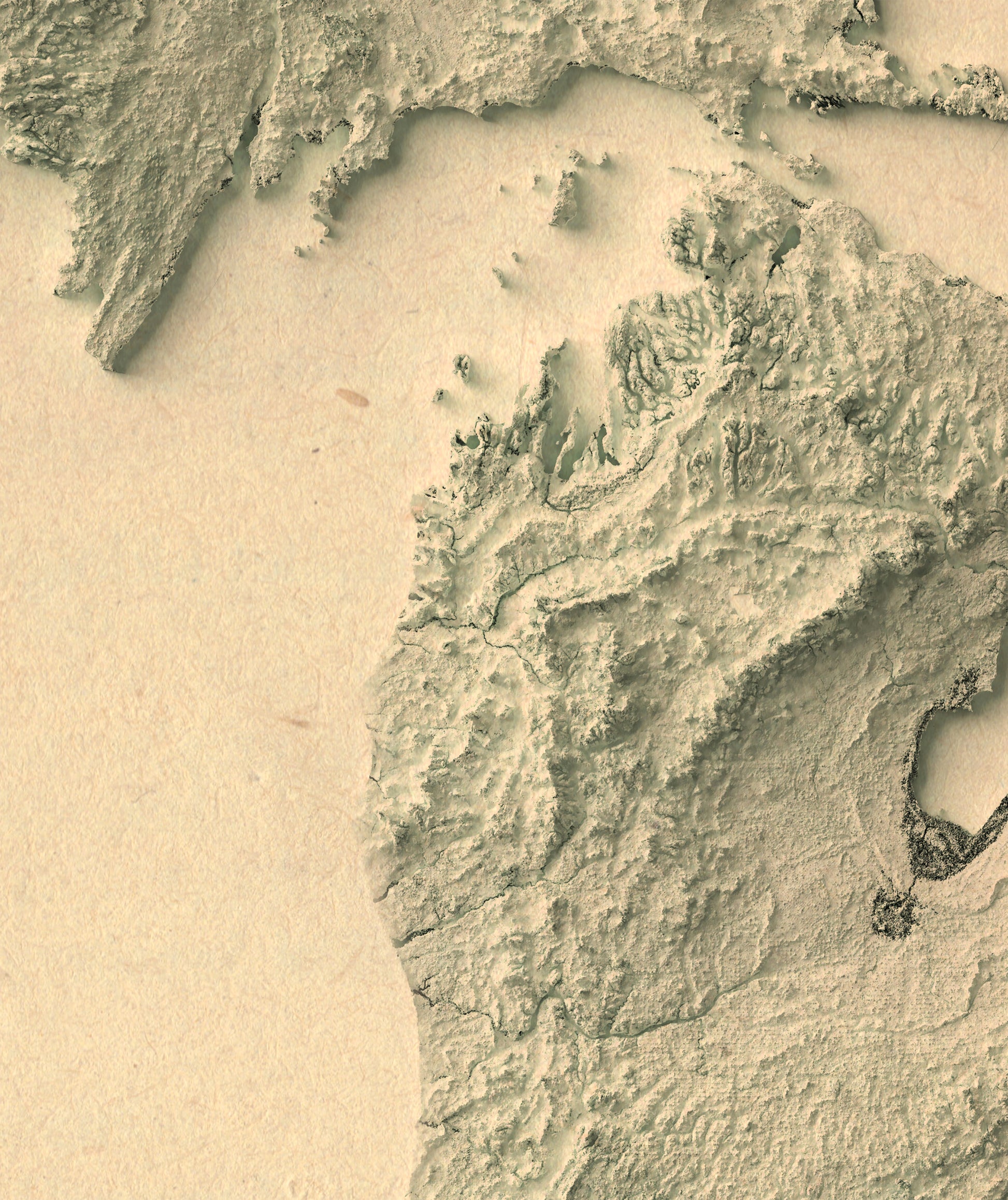 Detailed close-up of a vintage Michigan (USA) relief map, showcasing textured topography and geographic contours