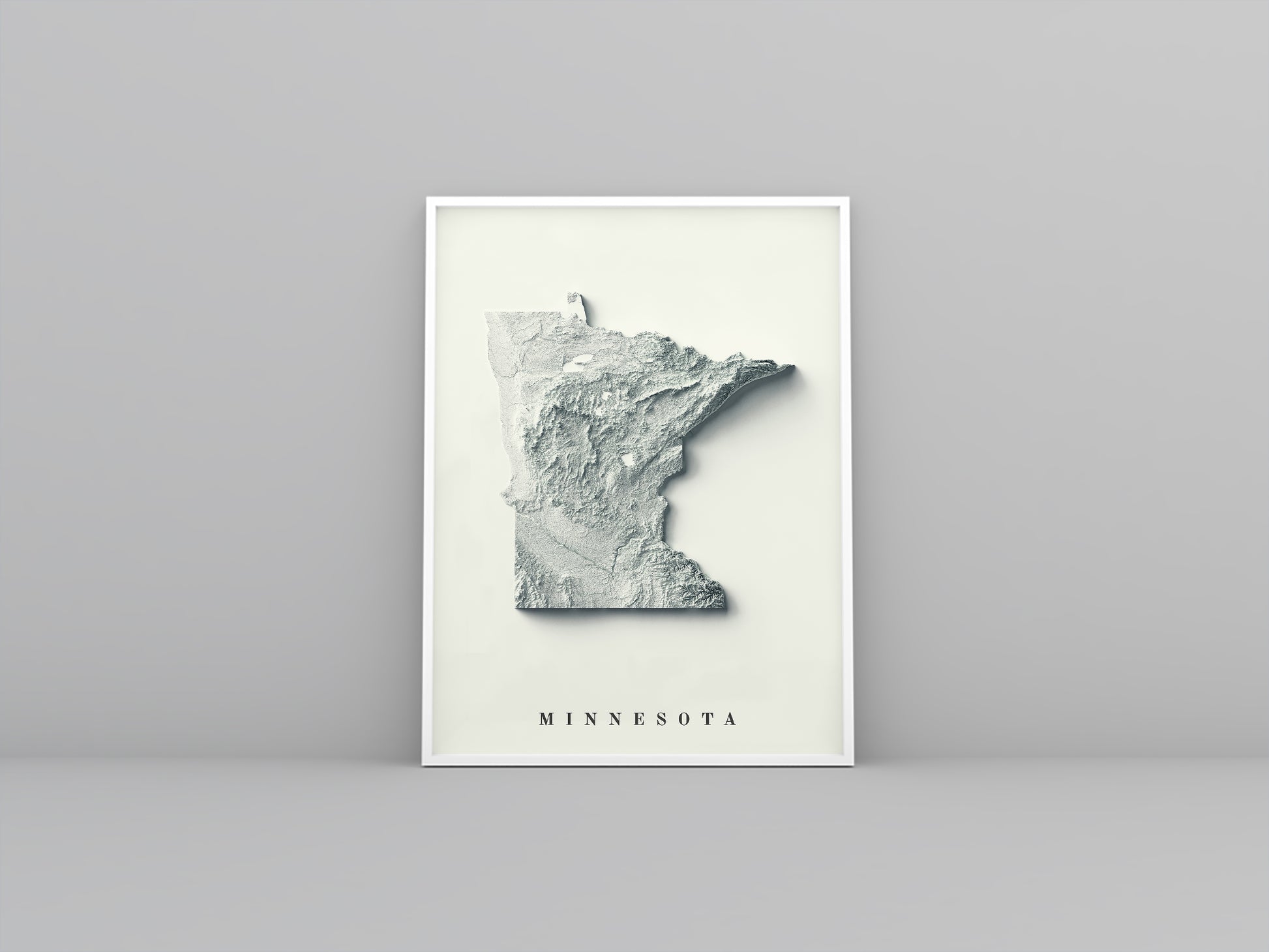 Minnesota (USA) vintage framed shaded relief map in white frame. Artistic print highlighting mountains with a realistic 3d effect