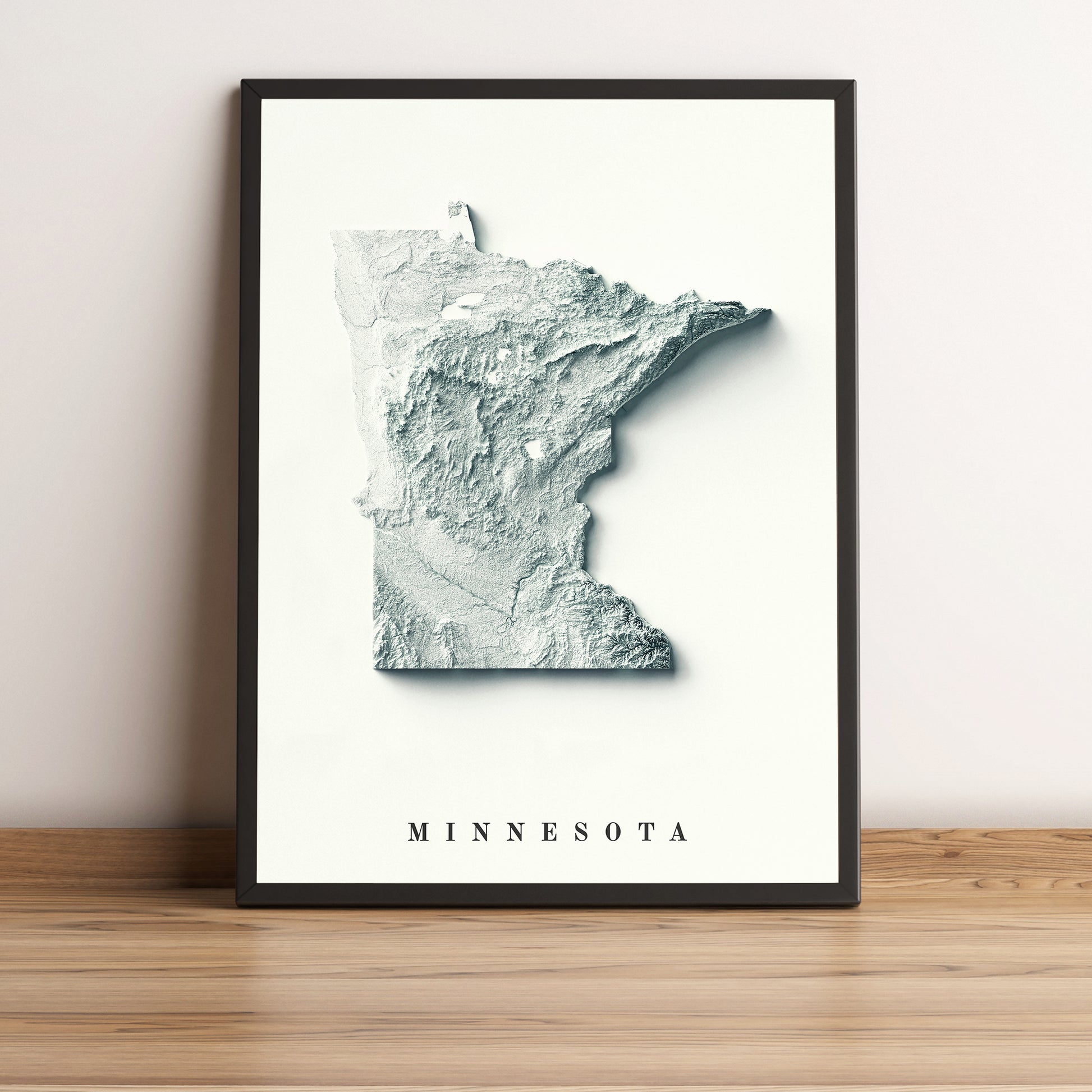 Minnesota (USA)  vintage framed shaded relief map in black frame. Artistic print highlighting mountains with a realistic terrain effect