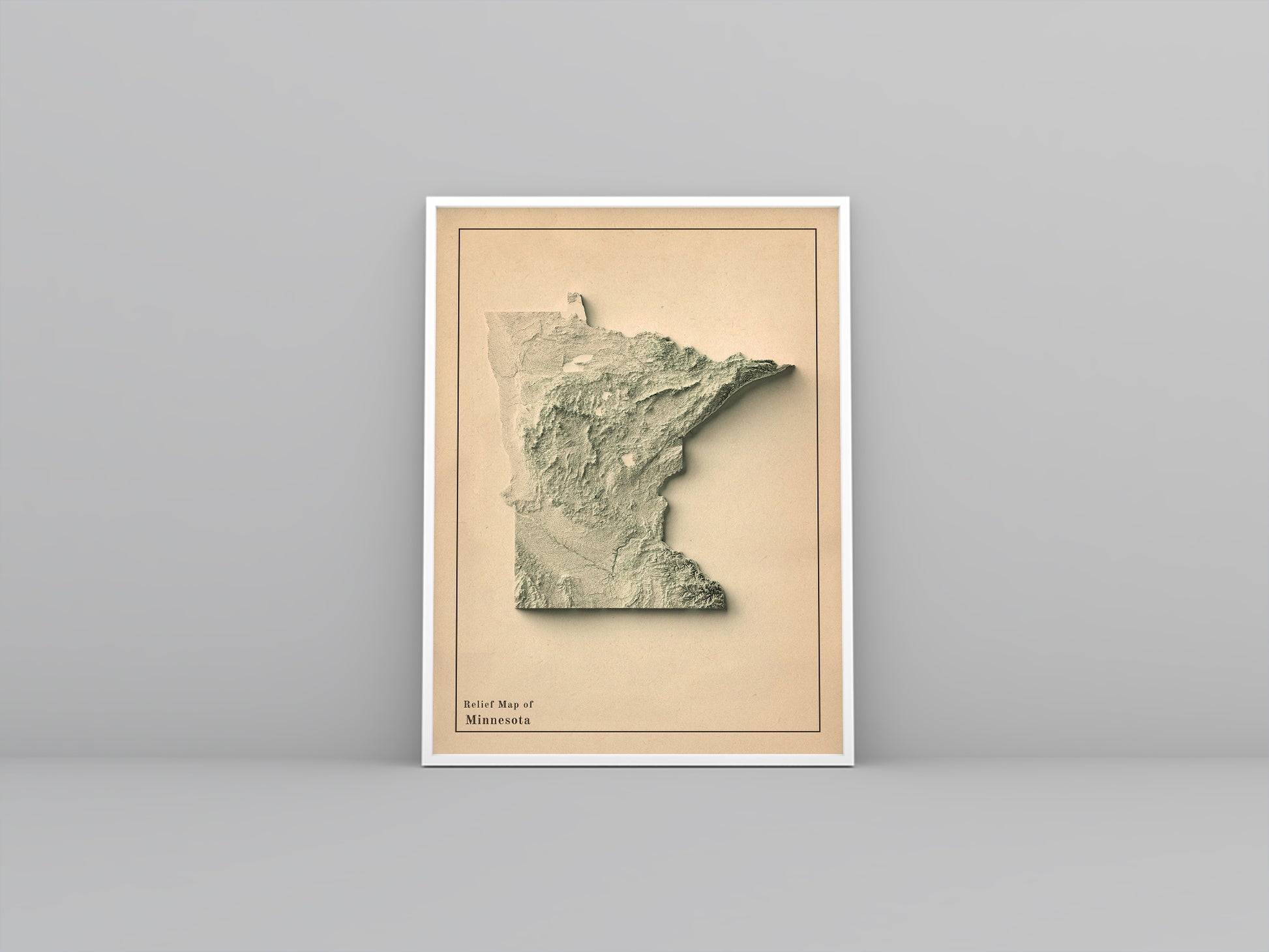 Minnesota (USA) vintage framed shaded relief map in white frame. Artistic print highlighting mountains with a realistic 3d effect