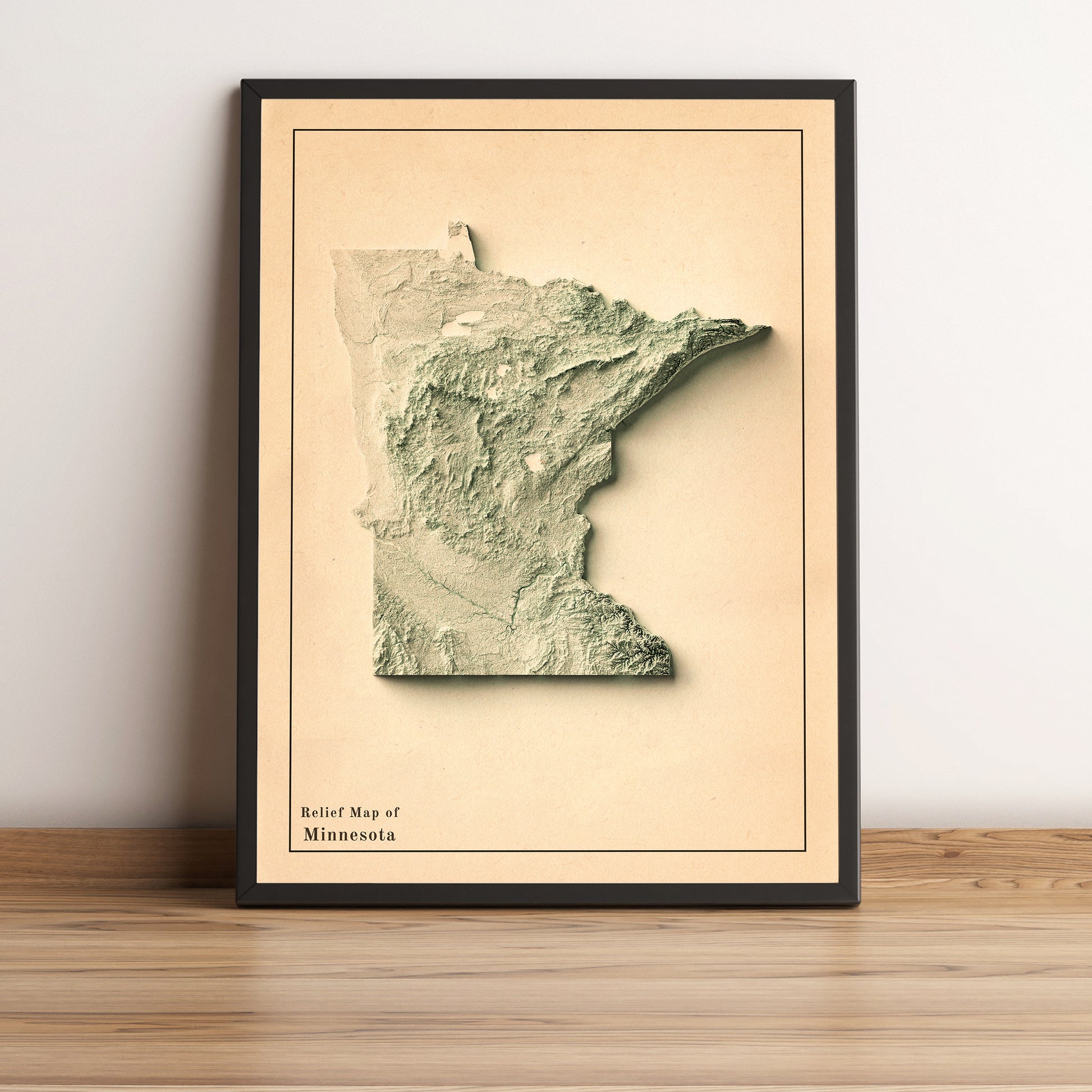 Minnesota (USA)  vintage framed shaded relief map in black frame. Artistic print highlighting mountains with a realistic terrain effect