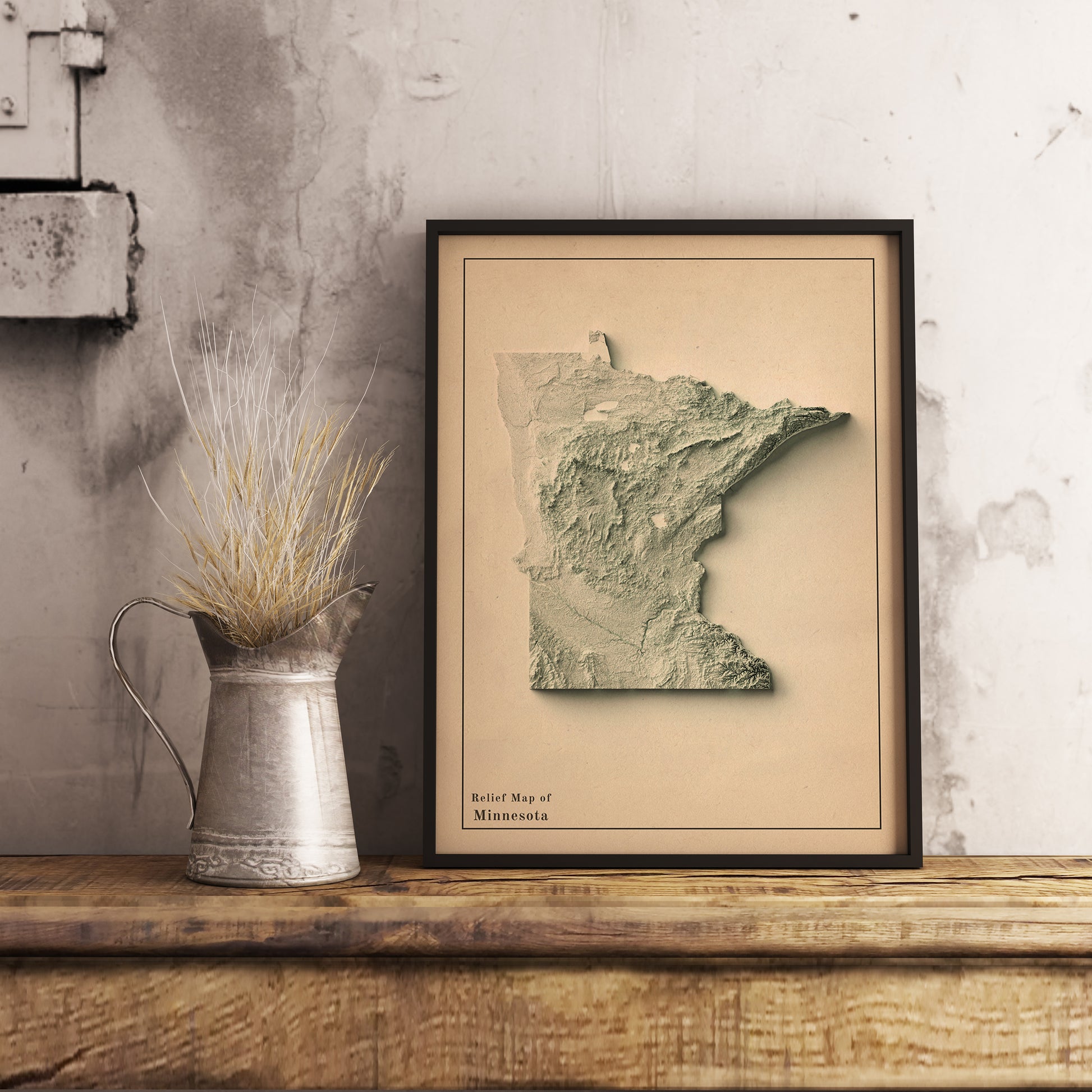 Vintage Minnesota (USA) shaded relief map in black frame. Realistic terrain art print for home decor, displayed on rustic wooden table