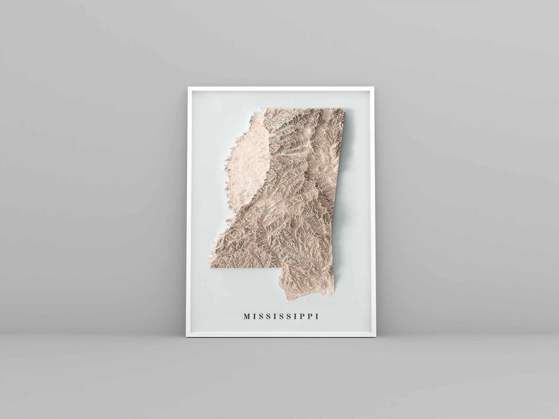 Mississippi (USA) framed shaded relief map in white frame. Artistic print highlighting mountains with a realistic 3d effect