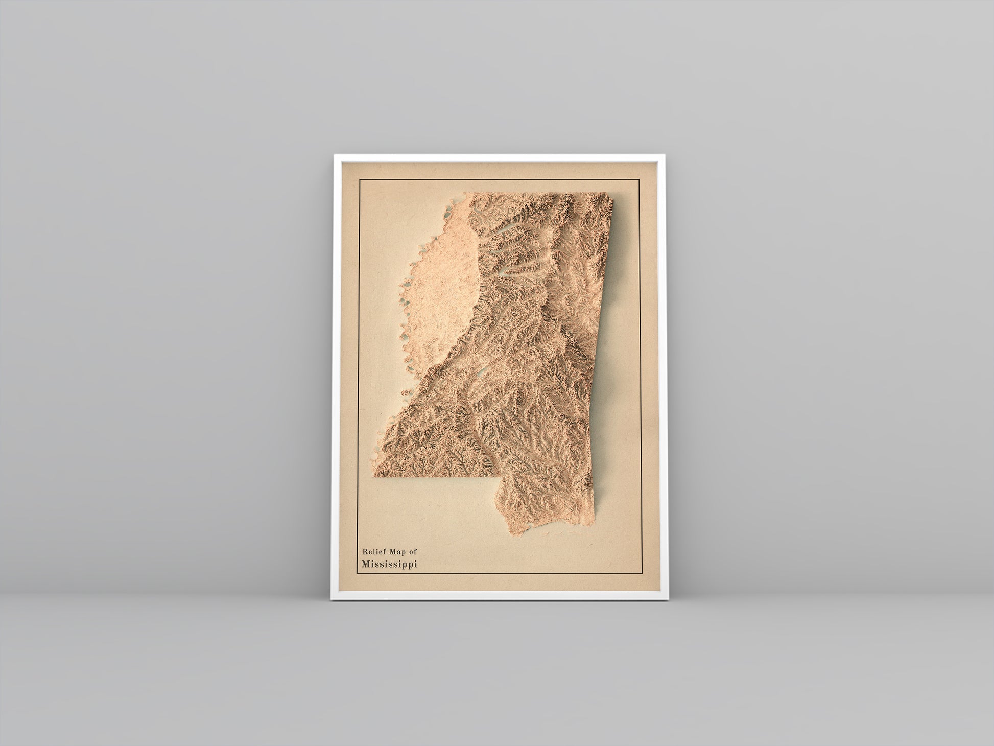 Mississippi (USA) vintage framed shaded relief map in white frame. Artistic print highlighting mountains with a realistic 3d effect