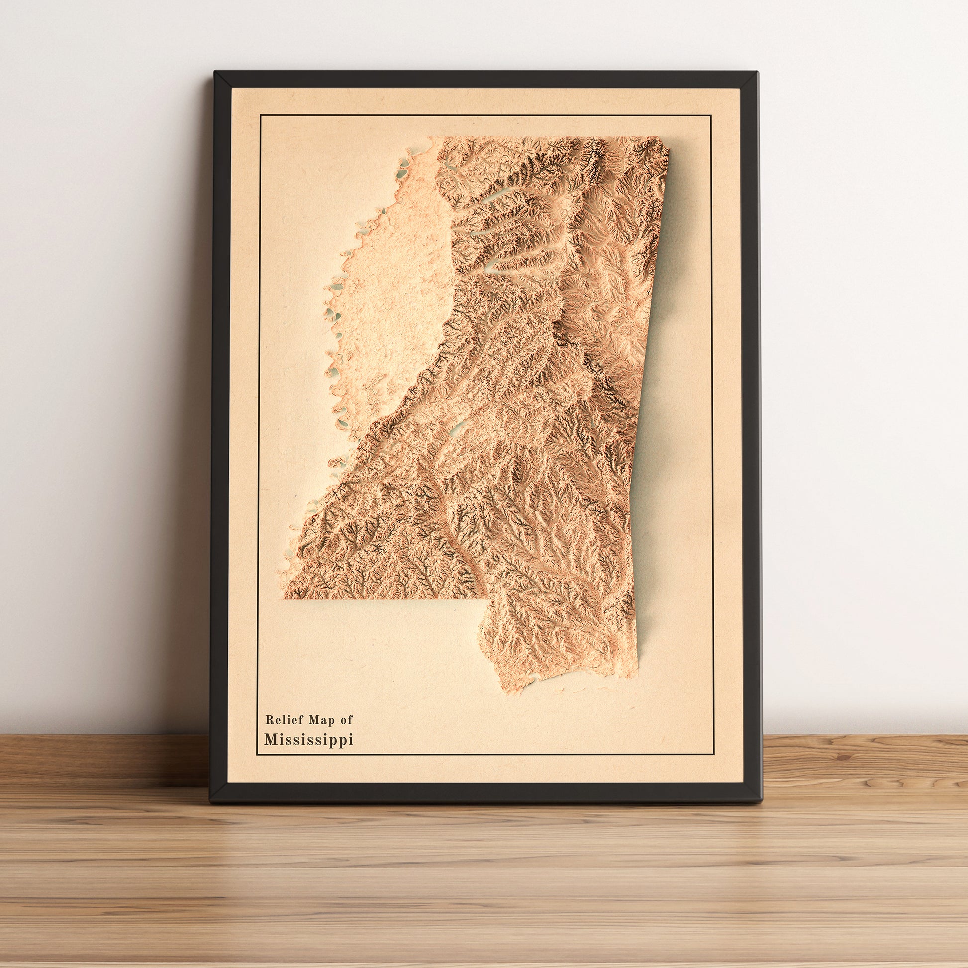 Mississippi (USA)  vintage framed shaded relief map in black frame. Artistic print highlighting mountains with a realistic terrain effect