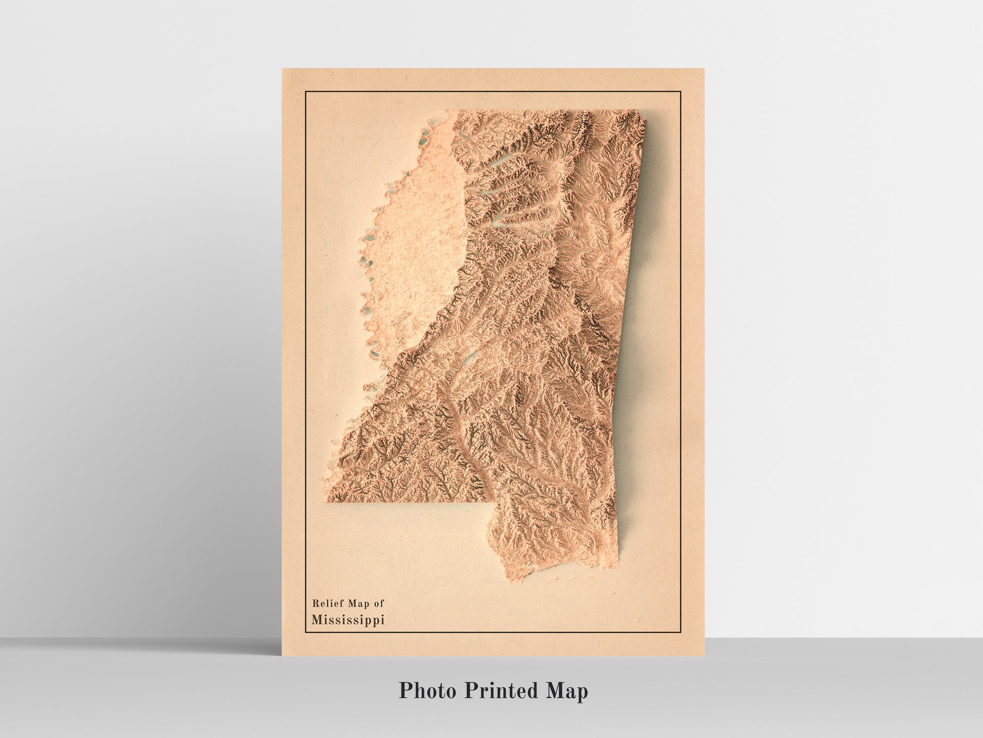 Mississippi (USA) Shaded relief map print, highlighting topography. Ideal for home decor and geography lovers