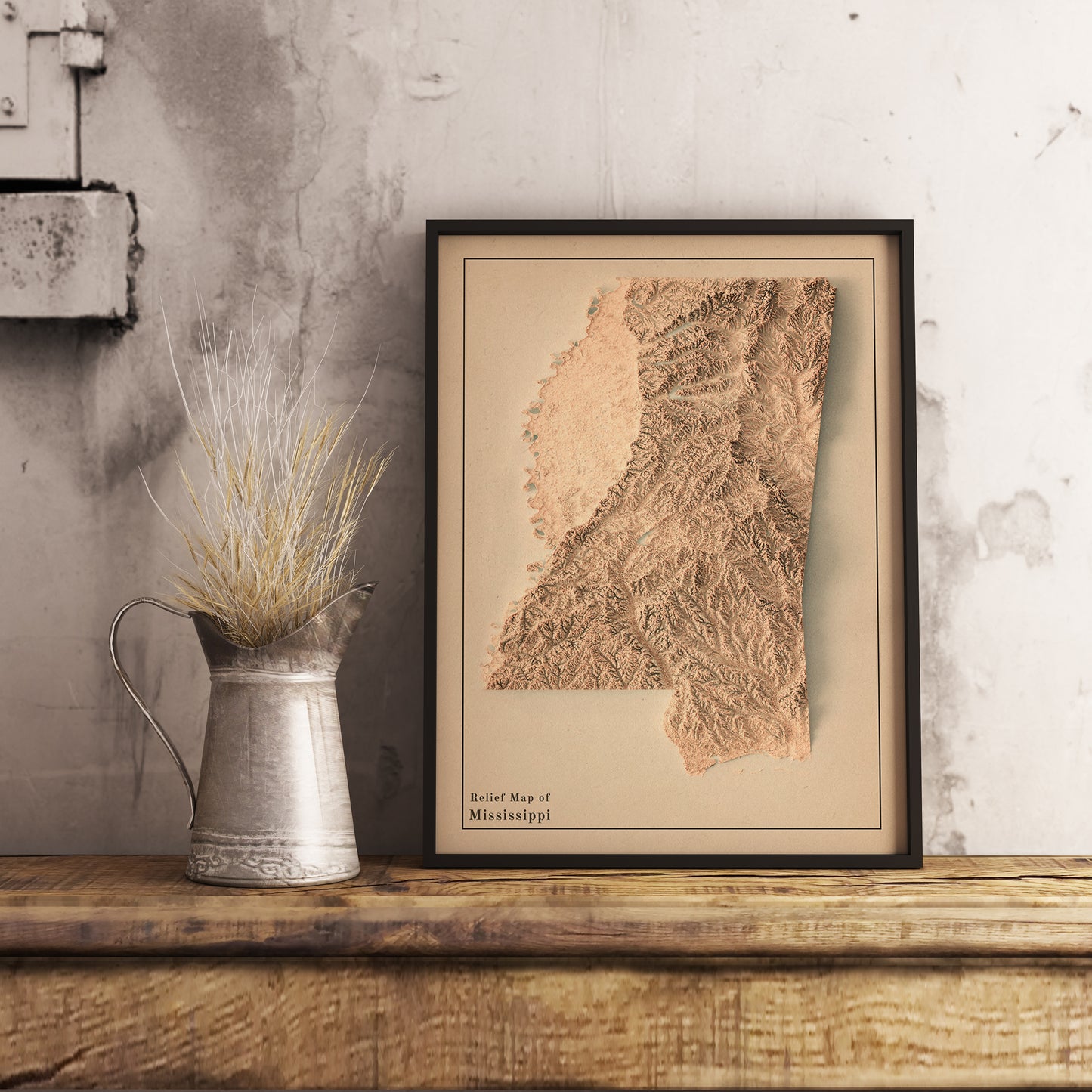 vintage shaded relief map of Mississippi