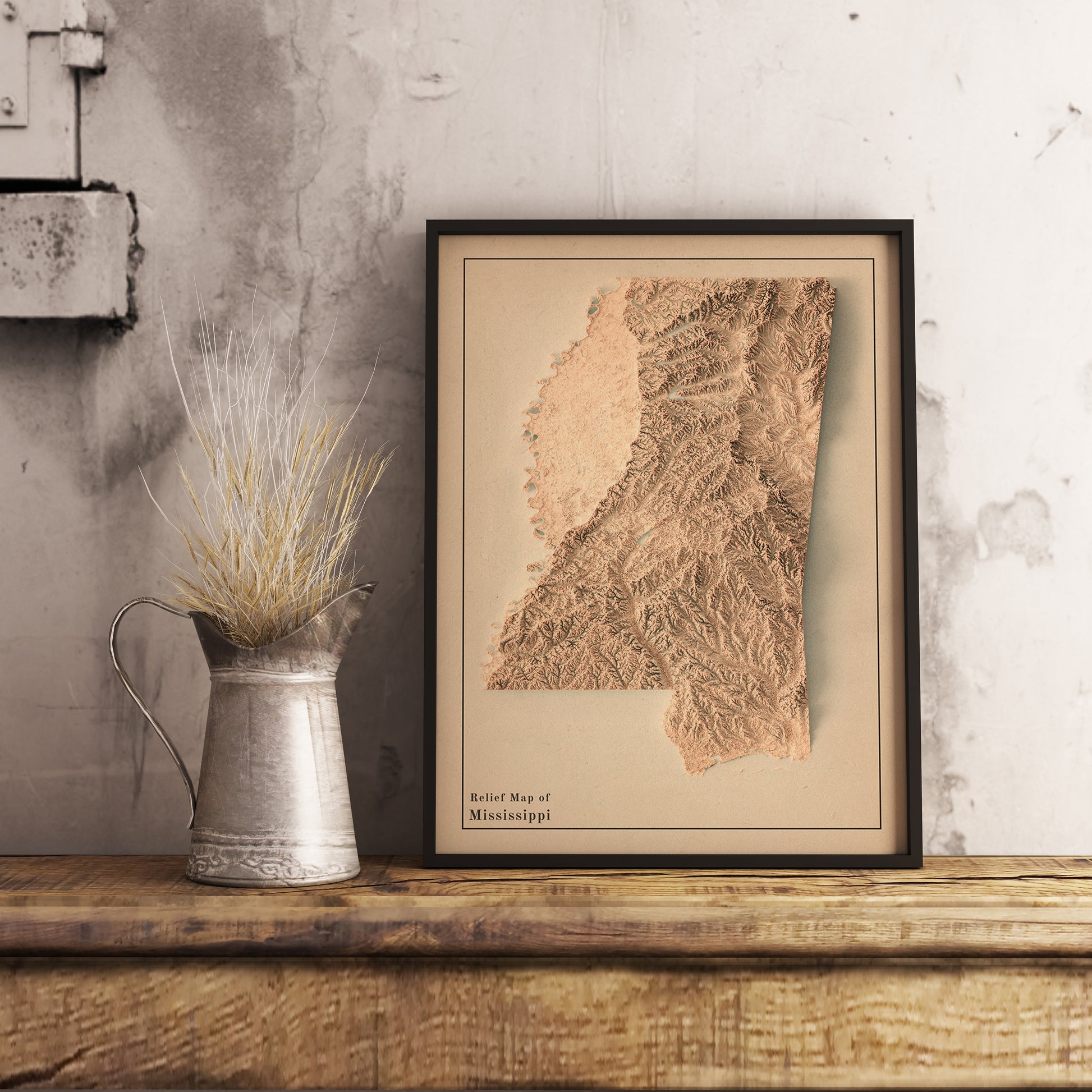 Vintage Mississippi (USA) shaded relief map in black frame. Realistic terrain art print for home decor, displayed on rustic wooden table