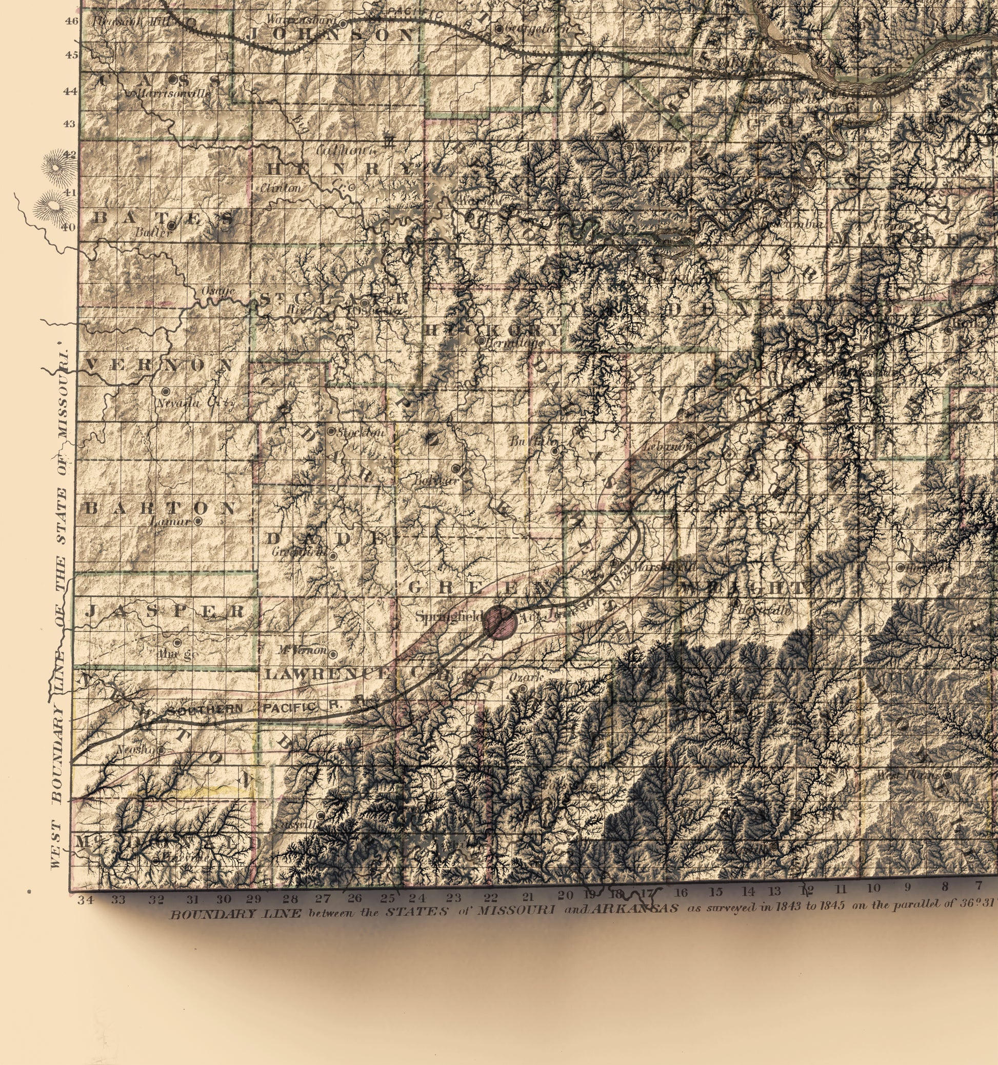 Detailed close-up of a vintage Missouri (USA) relief map, showcasing textured topography and geographic contours