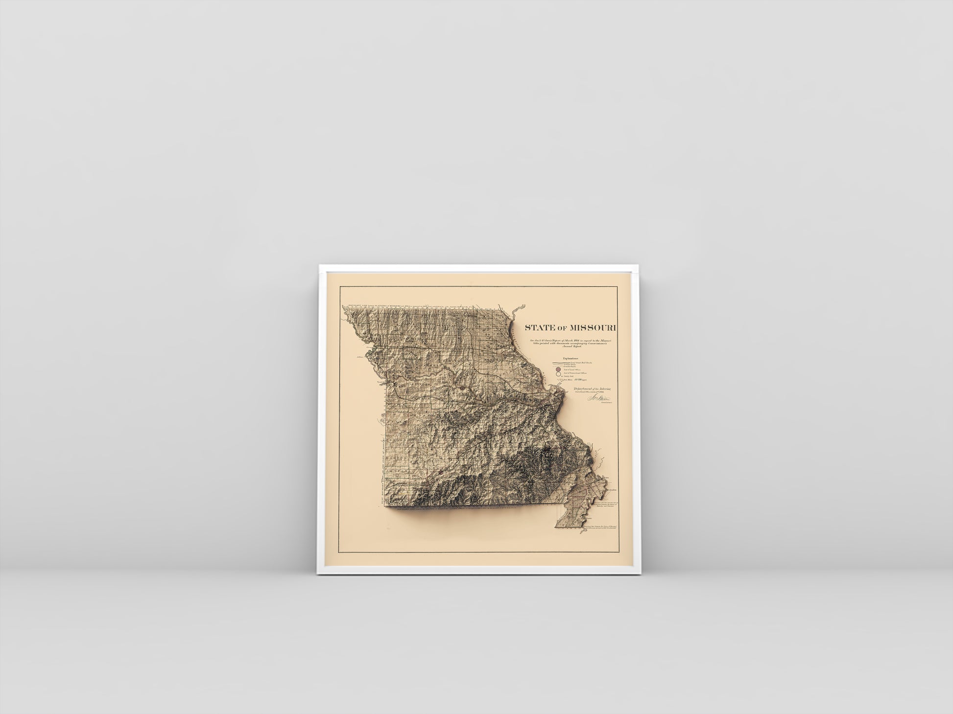 Missouri (USA) vintage framed shaded relief map in white frame. Artistic print highlighting mountains with a realistic 3d effect