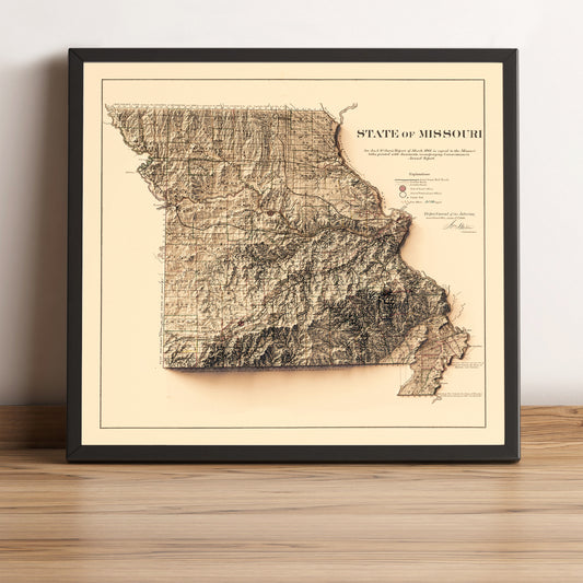Missouri (USA) vintage framed shaded relief map in black frame. Artistic print highlighting mountains with a realistic terrain effect
