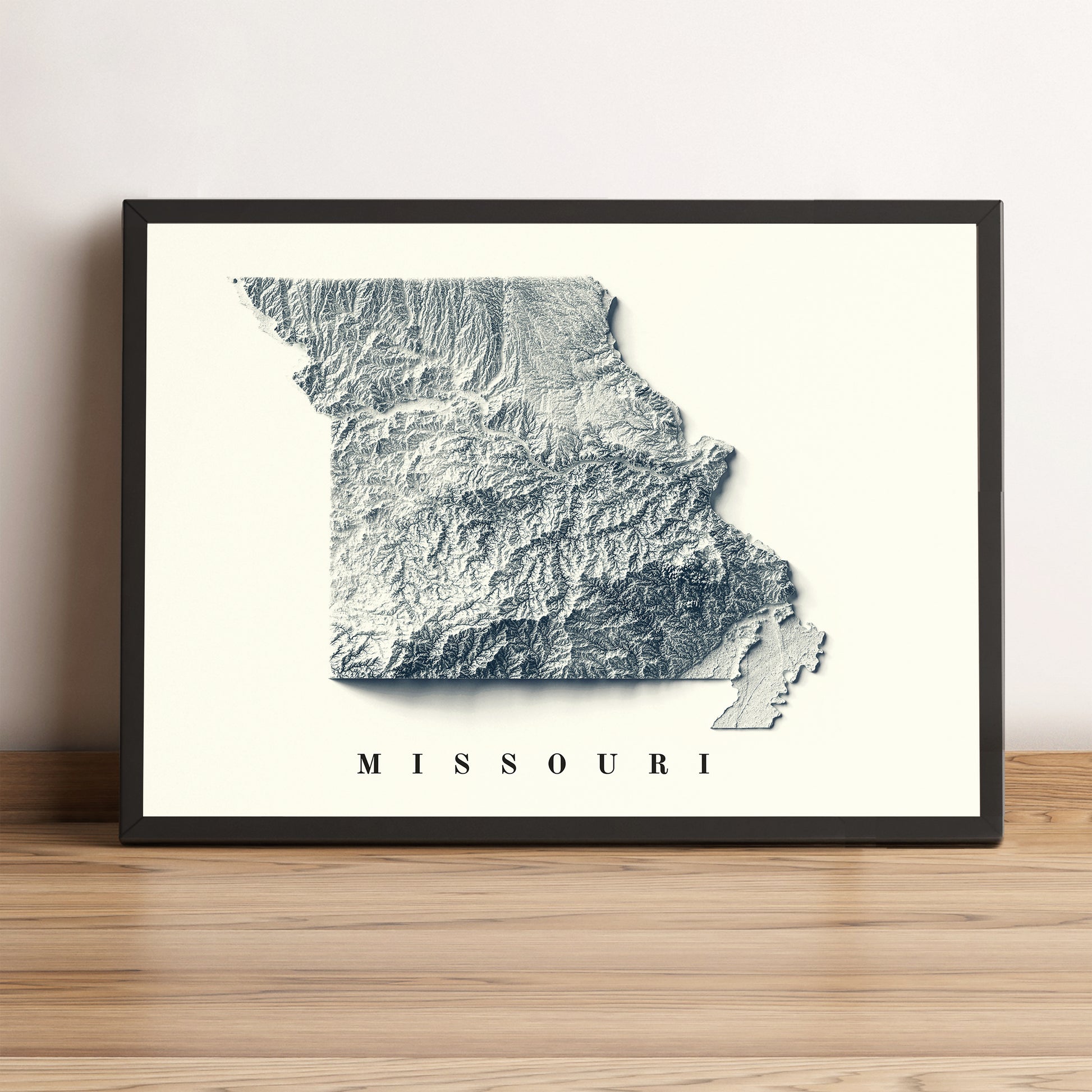Missouri (USA) vintage framed shaded relief map in black frame. Artistic print highlighting mountains with a realistic terrain effect