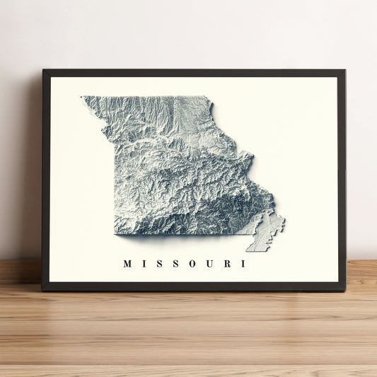 Missouri (USA) vintage framed shaded relief map in black frame. Artistic print highlighting mountains with a realistic terrain effect