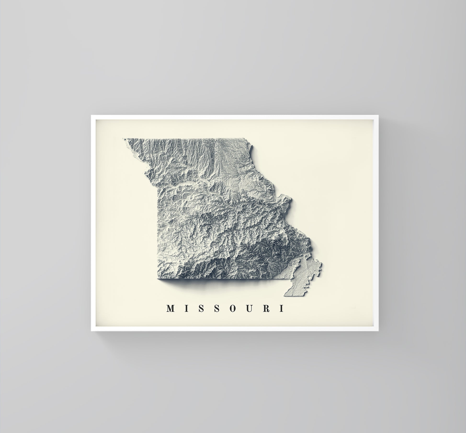Missouri (USA) vintage framed shaded relief map in white frame. Artistic print highlighting mountains with a realistic 3d effect