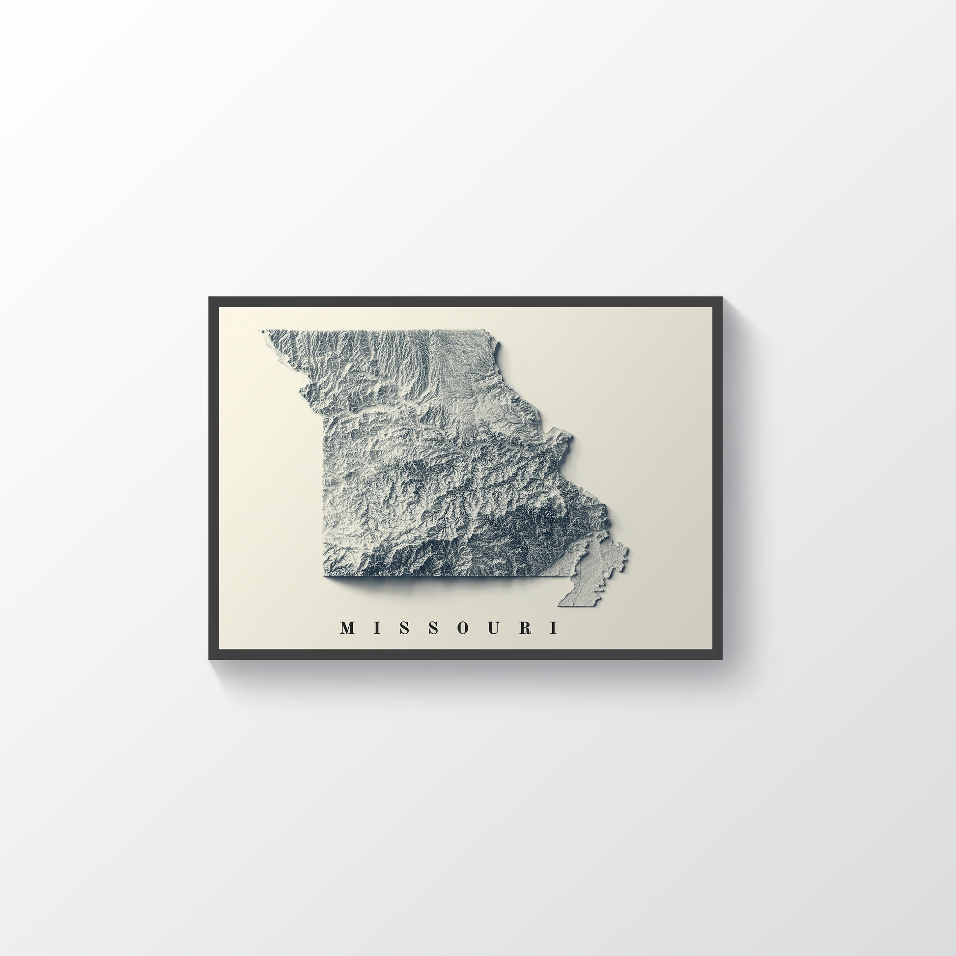 Missouri (USA) vintage framed shaded relief map in black frame. Artistic print highlighting mountains with a realistic terrain effect