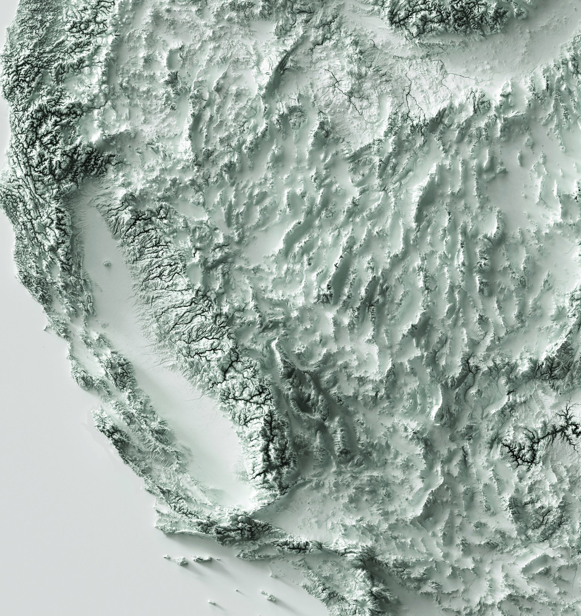 Detailed close-up of a Western United States (USA) relief map, showcasing textured topography and geographic contours