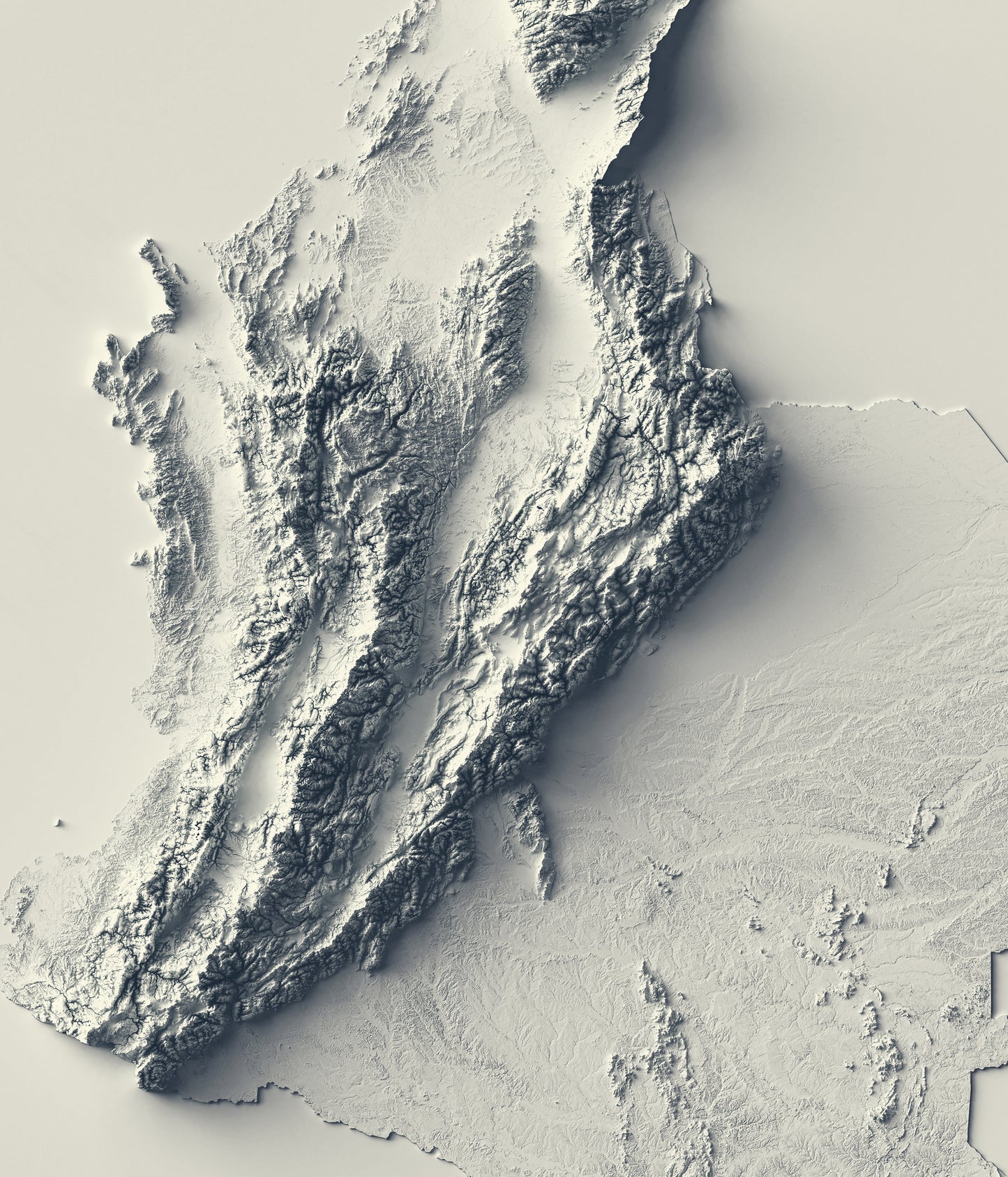 Detailed close-up of a Colombia relief map, showcasing textured topography and geographic contours