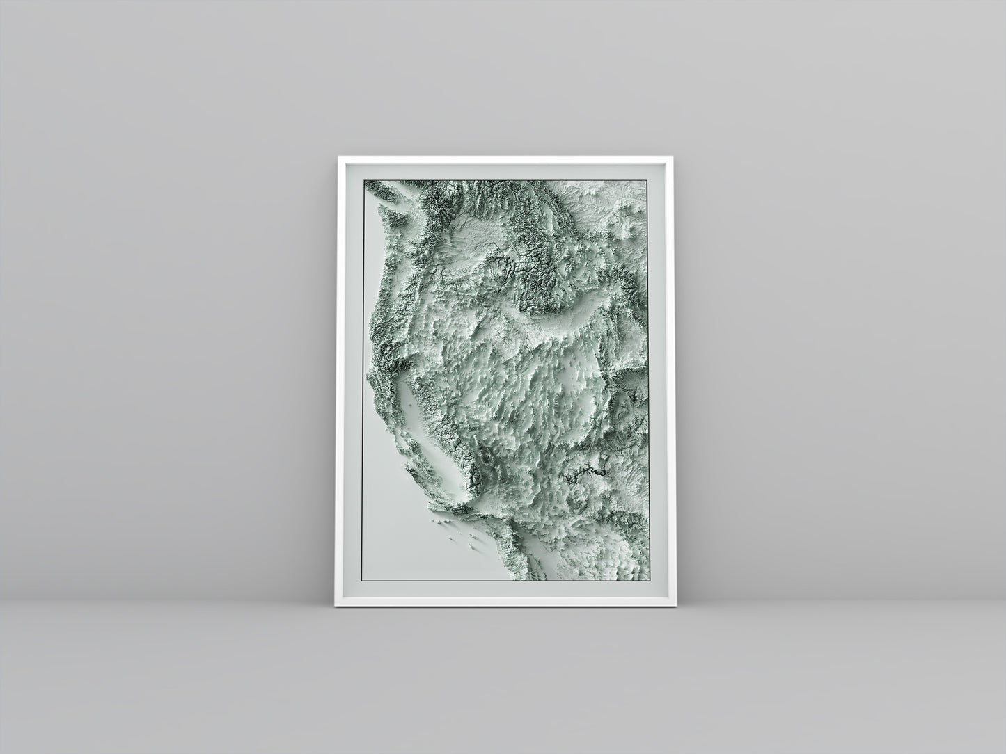 Western United States (USA) framed shaded relief map in white frame. Artistic print highlighting mountains with a realistic 3d effect