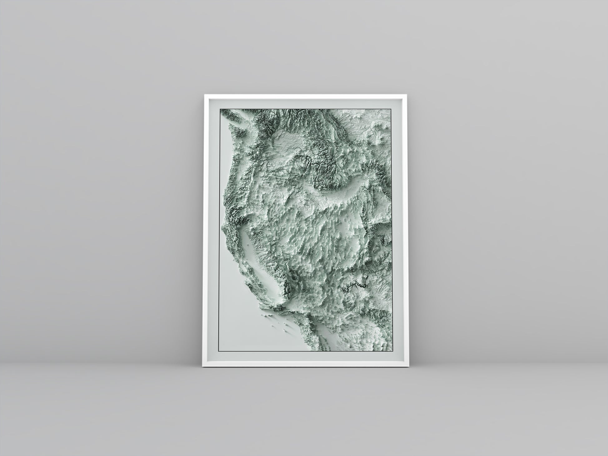Western United States (USA) framed shaded relief map in white frame. Artistic print highlighting mountains with a realistic 3d effect