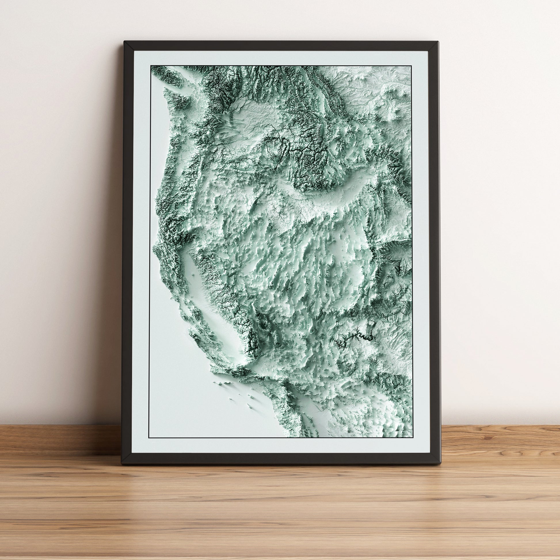 Western United States (USA) framed shaded relief map in black frame. Artistic print highlighting mountains with a realistic terrain effect