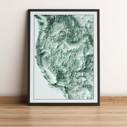 Western United States (USA) framed shaded relief map in black frame. Artistic print highlighting mountains with a realistic terrain effect