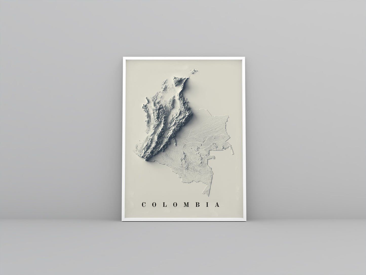 Colombia vintage framed shaded relief map in white frame. Artistic print highlighting mountains with a realistic 3d effect