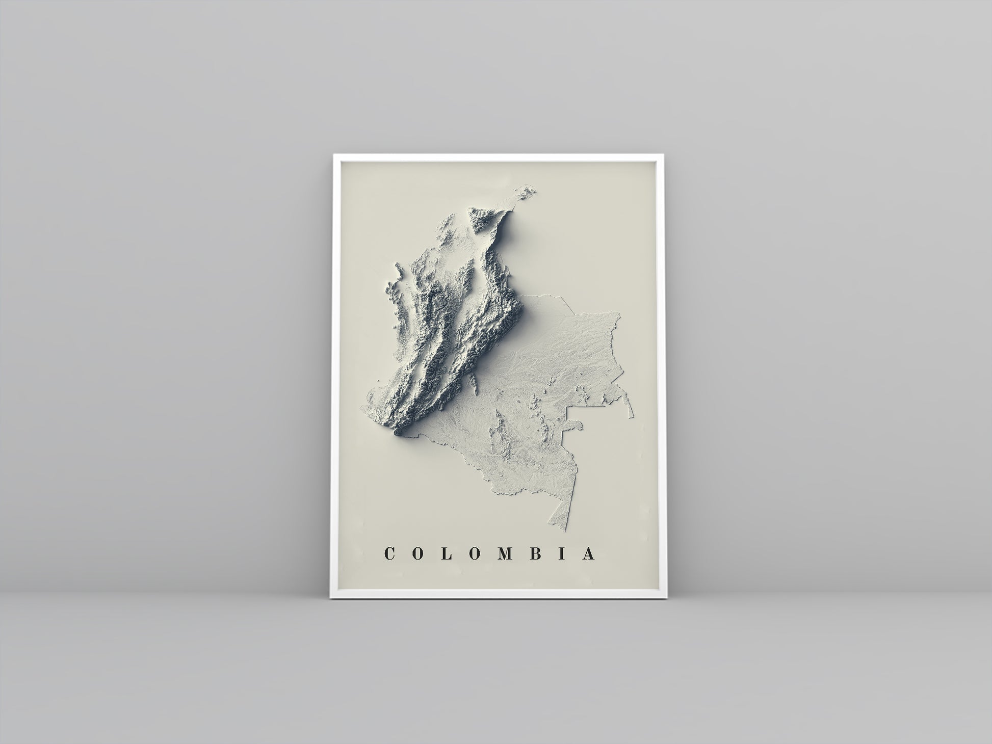 Colombia vintage framed shaded relief map in white frame. Artistic print highlighting mountains with a realistic 3d effect