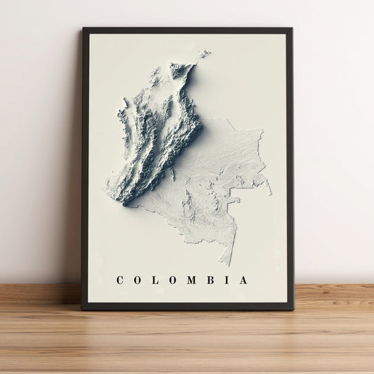 Colombia framed shaded relief map in black frame. Artistic print highlighting mountains with a realistic terrain effect