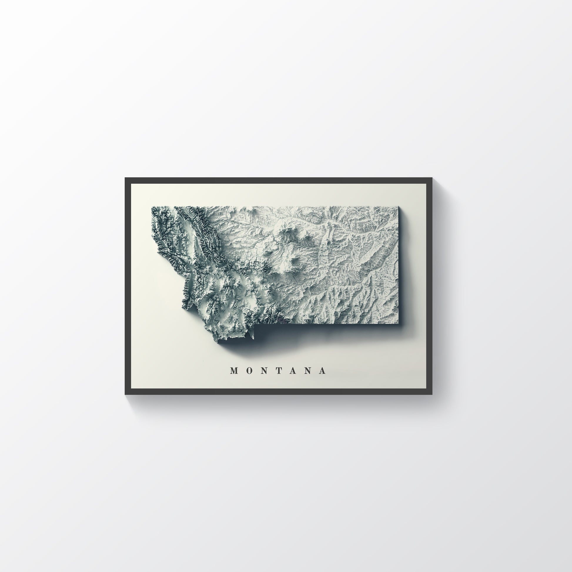 Montana (USA) vintage framed shaded relief map in black frame. Artistic print highlighting mountains with a realistic terrain effect