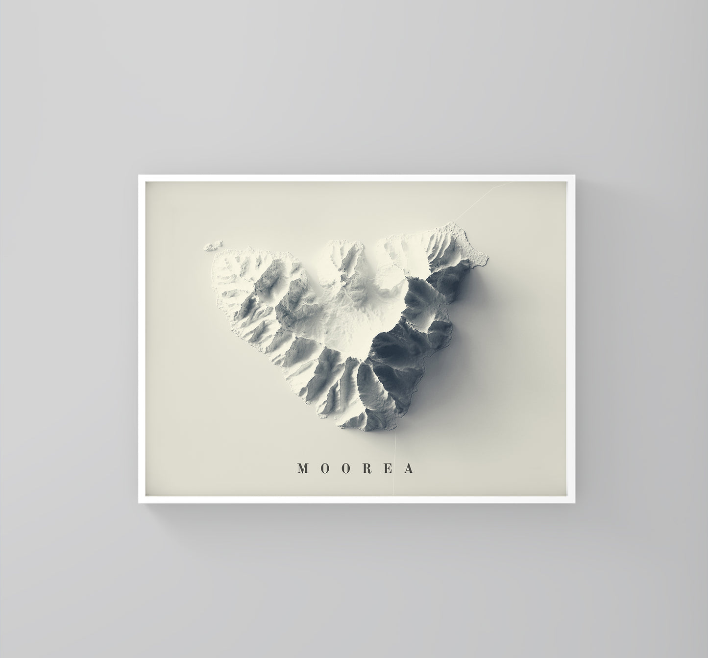 Moorea (French Polynesia) vintage framed shaded relief map in white frame. Artistic print highlighting mountains with a realistic 3d effect