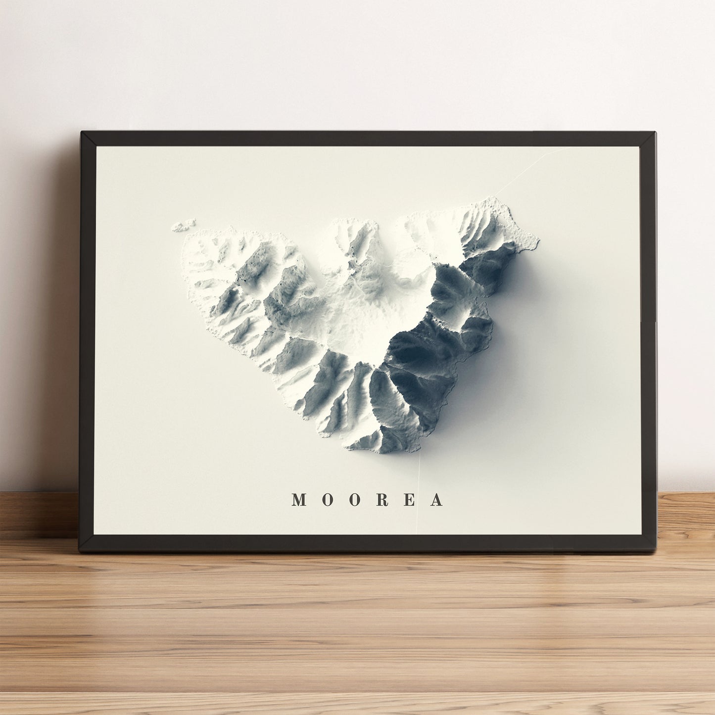 Moorea (French Polynesia) vintage framed shaded relief map in black frame. Artistic print highlighting mountains with a realistic terrain effect