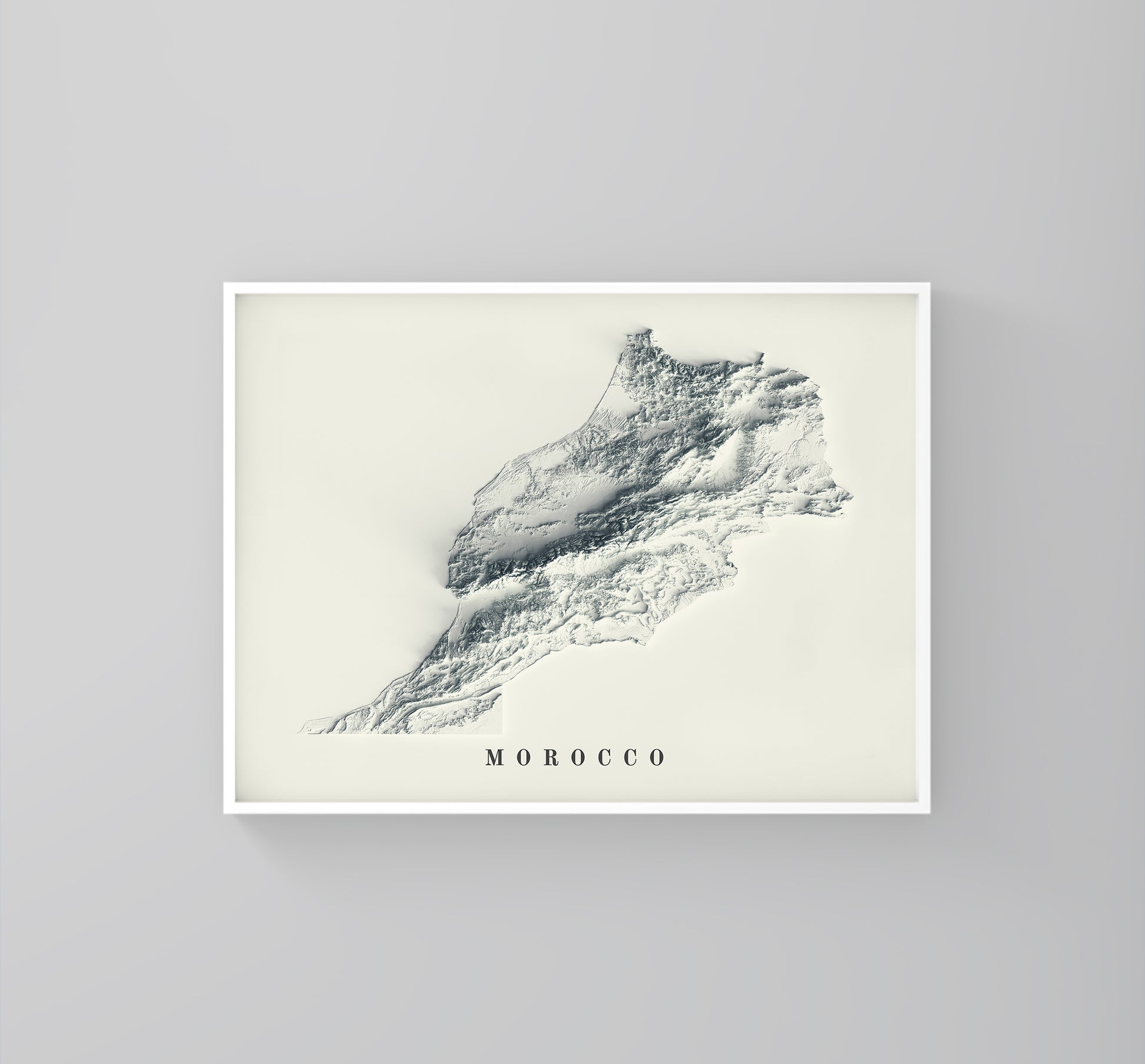 Morocco vintage framed shaded relief map in white frame. Artistic print highlighting mountains with a realistic 3d effect