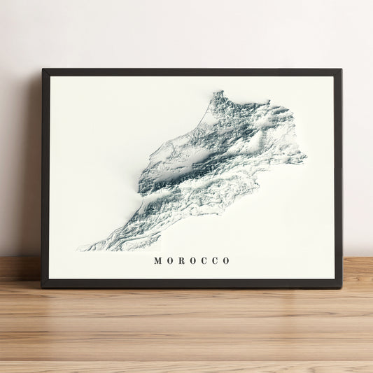 Morocco vintage framed shaded relief map in black frame. Artistic print highlighting mountains with a realistic terrain effect