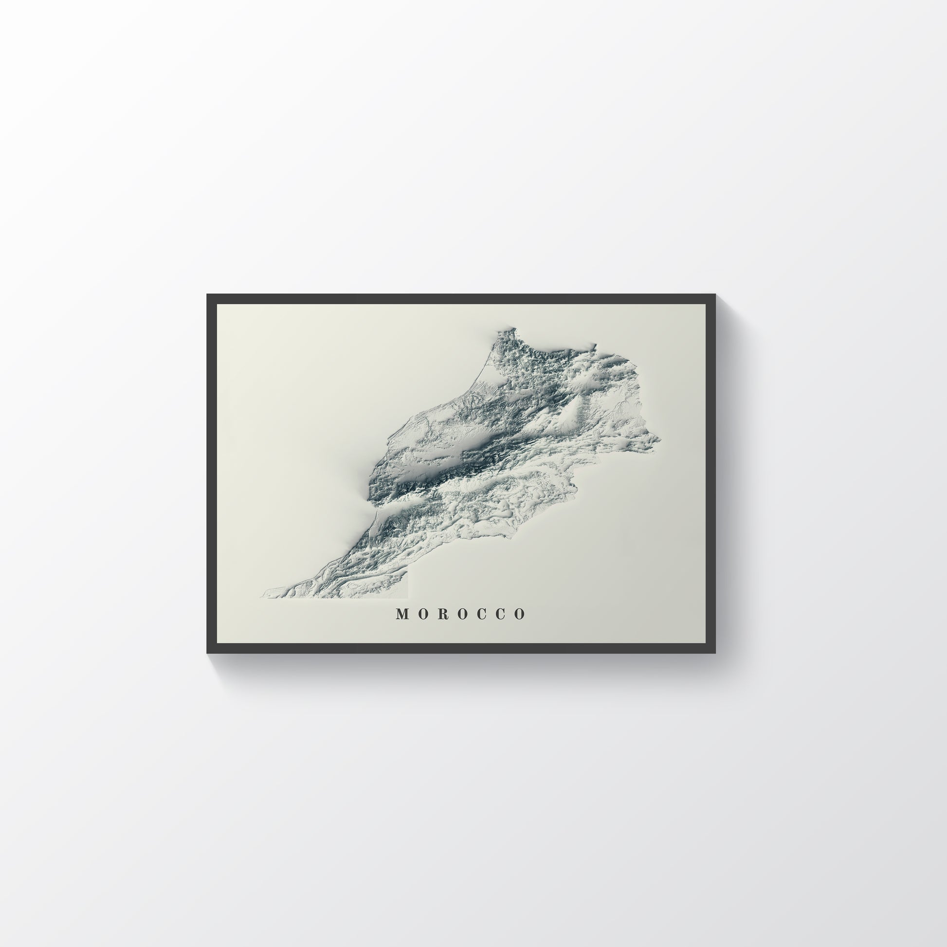 Morocco vintage framed shaded relief map in black frame. Artistic print highlighting mountains with a realistic terrain effect