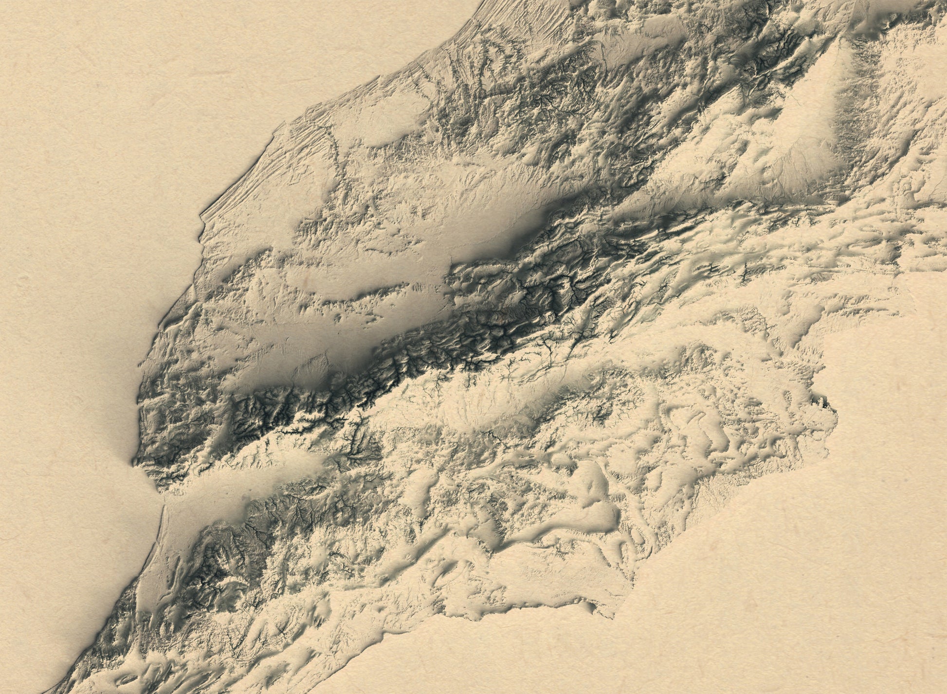 Detailed close-up of a vintage Morocco relief map, showcasing textured topography and geographic contours