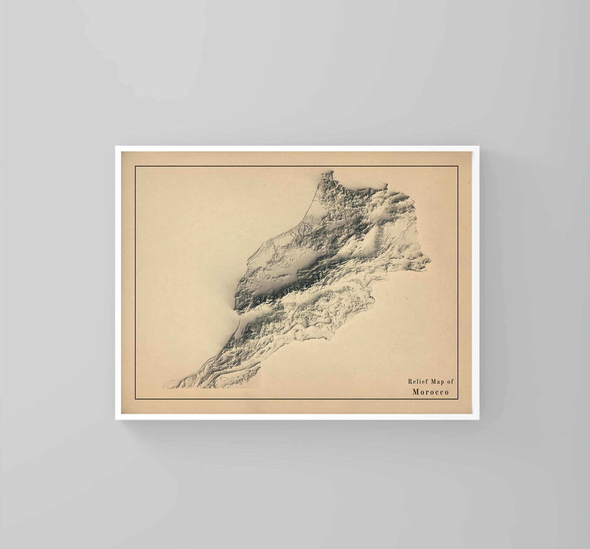 Morocco vintage framed shaded relief map in white frame. Artistic print highlighting mountains with a realistic 3d effect
