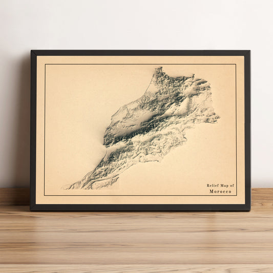 Morocco vintage framed shaded relief map in black frame. Artistic print highlighting mountains with a realistic terrain effect