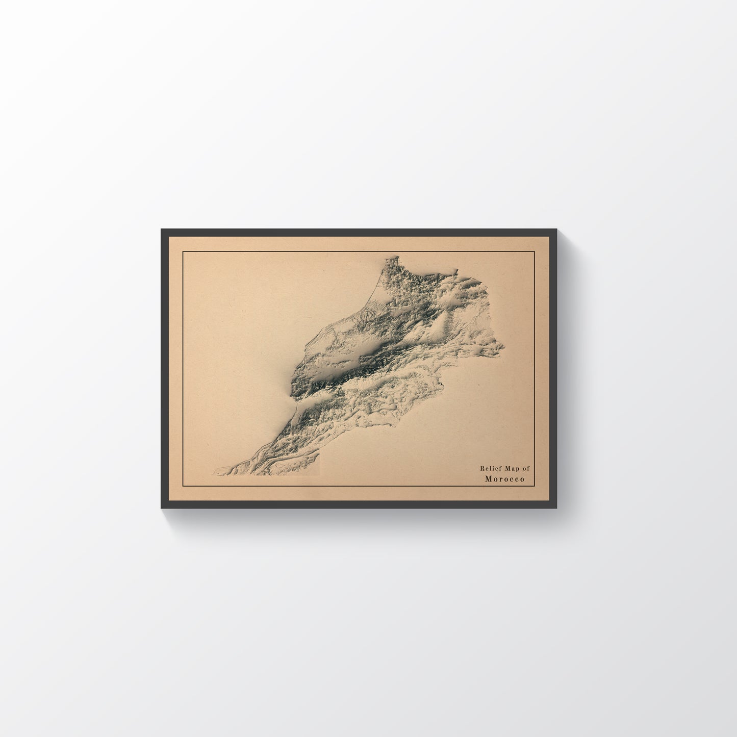 Morocco vintage framed shaded relief map in black frame. Artistic print highlighting mountains with a realistic terrain effect