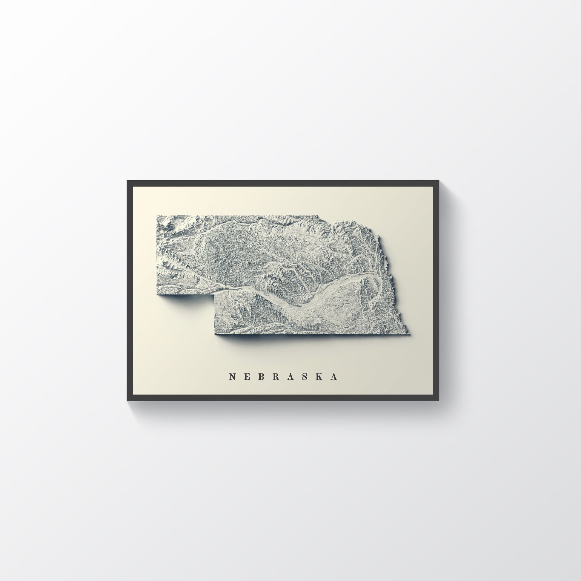 Nebraska (USA) framed shaded relief map in black frame. Artistic print highlighting mountains with a realistic terrain effect